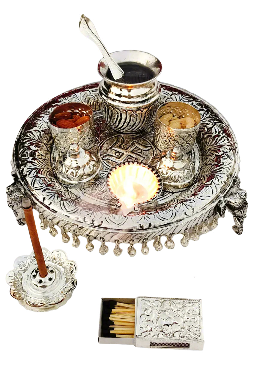 Antique finish German silver Elephant stand aarti thali set