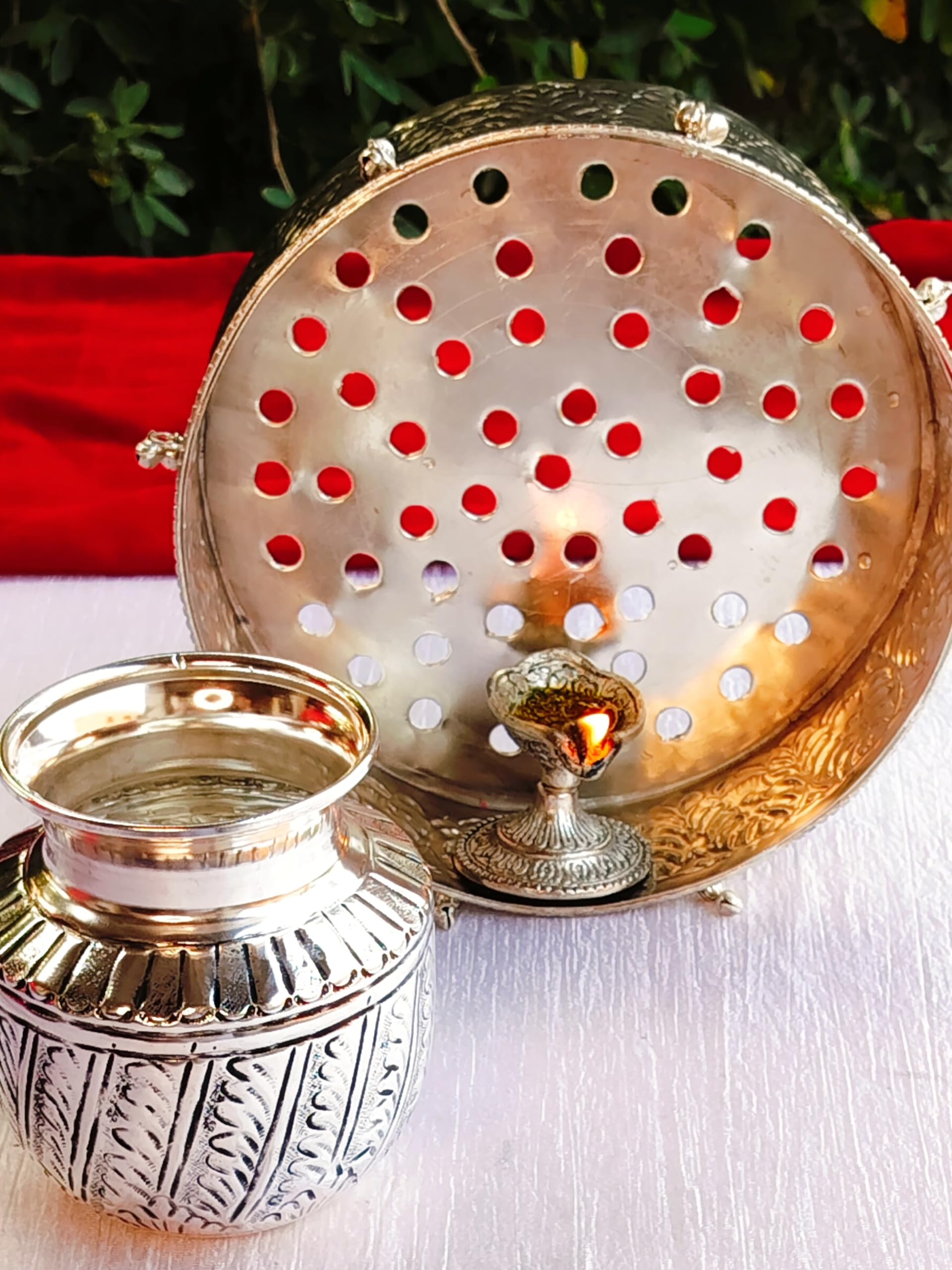 German Silver karwachauth Combo Set - chalni, Kalash, lota for karwachauth thali Set