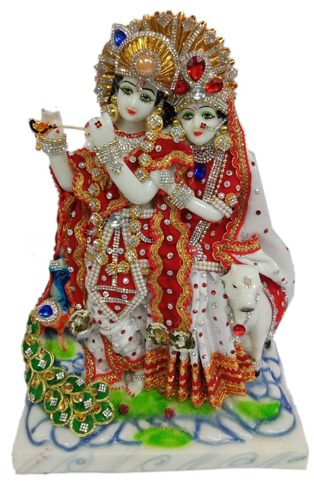 Colorful with Stone Work Radha Krishan Statue with Cow and Peacock Playing Flute Idol for Home décor,Temple