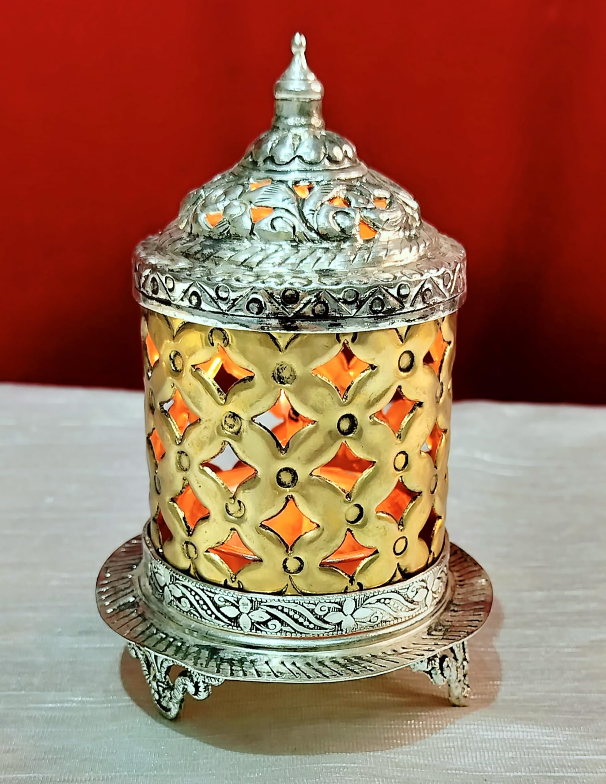 German Silver with Golden Color akhand Diya, Set of 2 Pieces