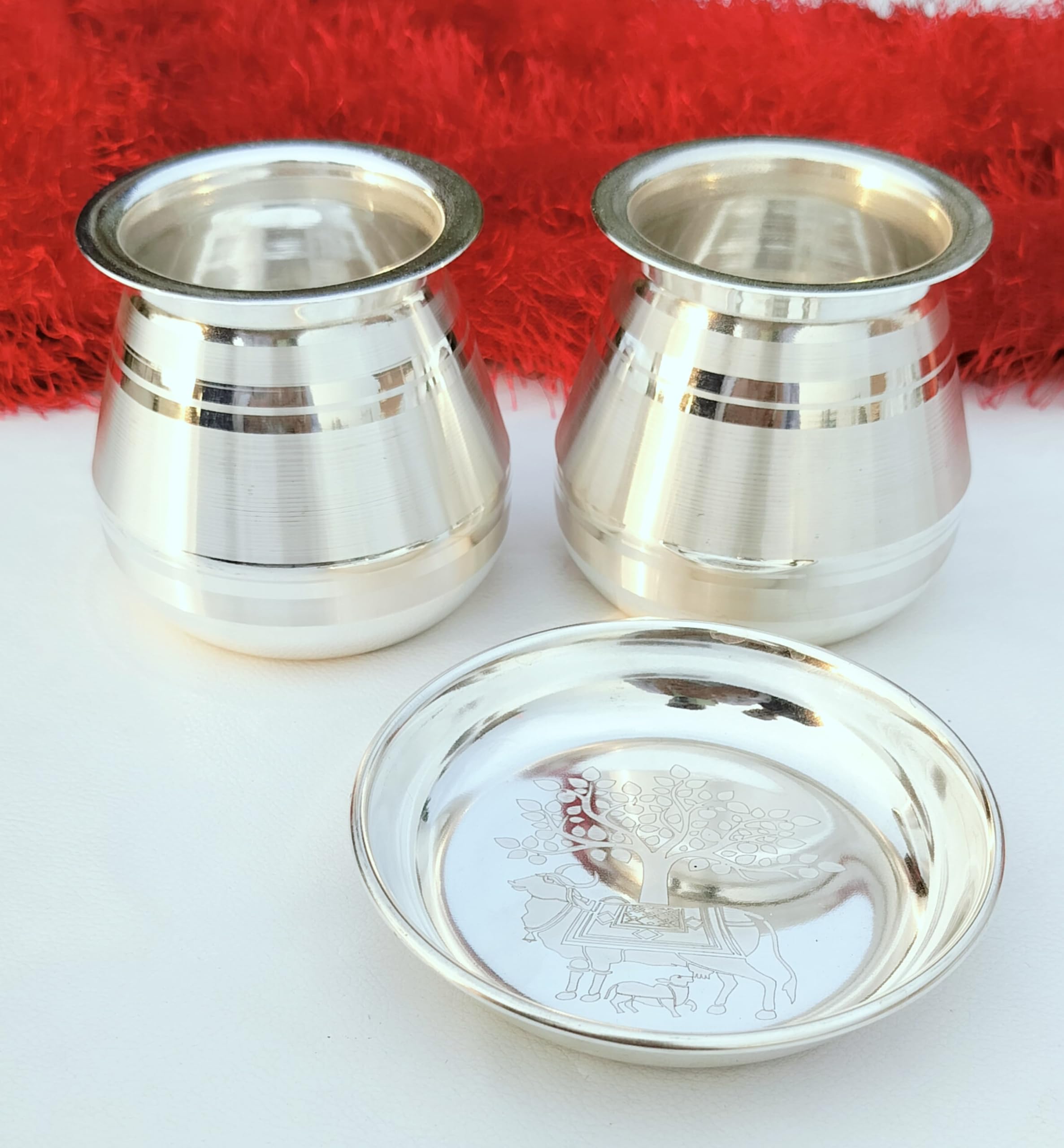 indiancraftsbykanika German silver Flat surface Marwari kalasha/lutiya with plate set, 5 pair set for diwali gift/housewarming pooja