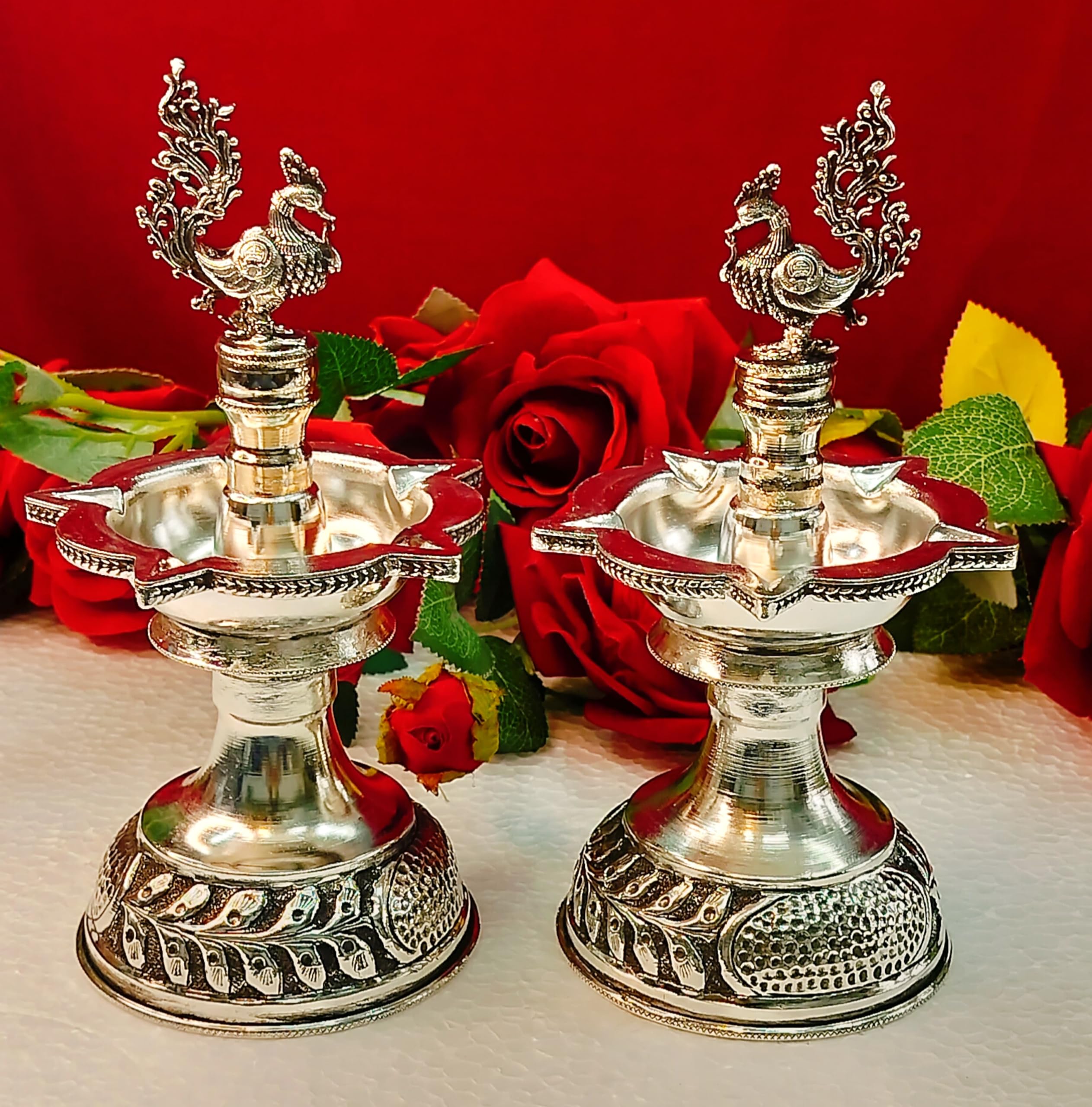 German Silver Antique Finish Peacock Diya Pair for House Warming Gift/ Festival/ Diwali