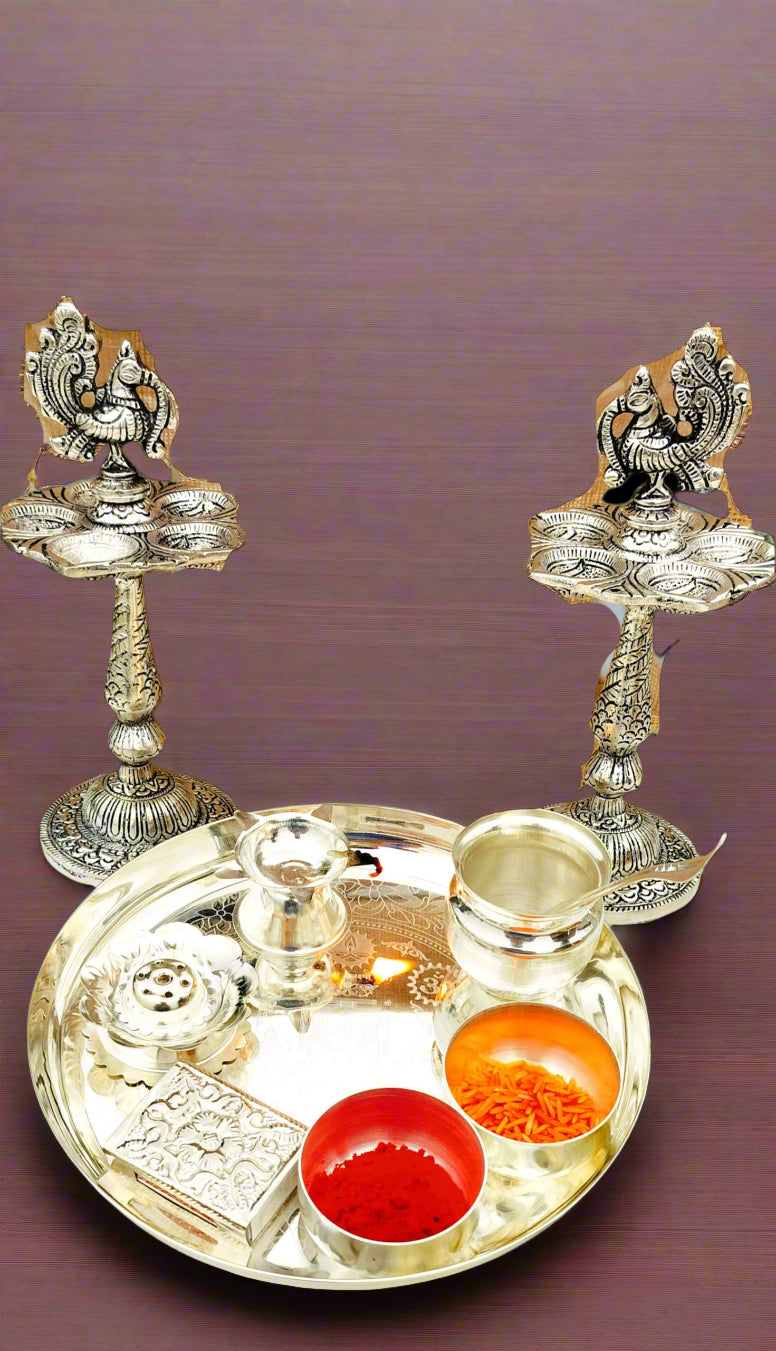 German Silver Pooja Set with Antique Peacock Diya Pair