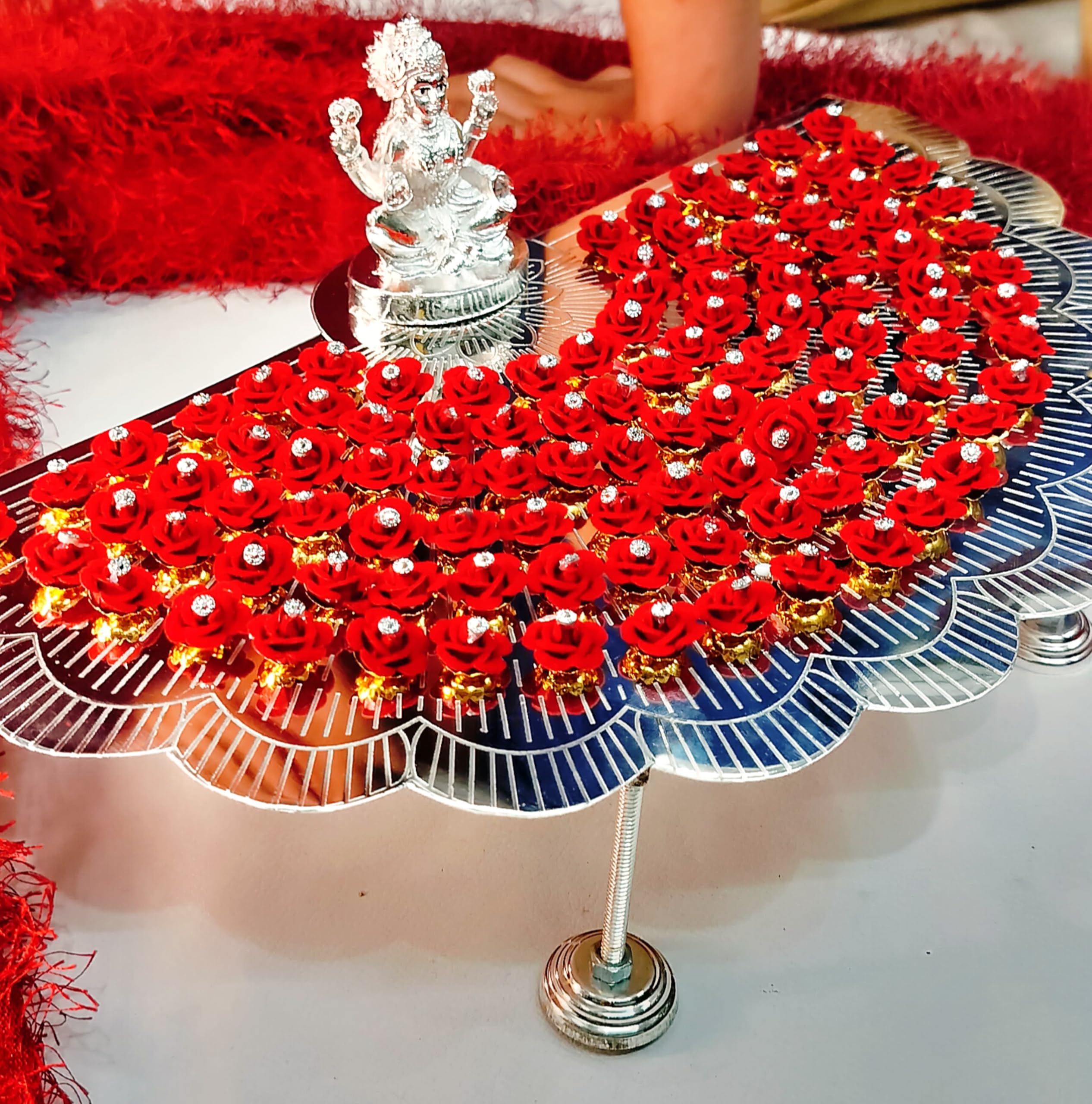 German silver 108 red rose flower detachable stand with Laxmi idol