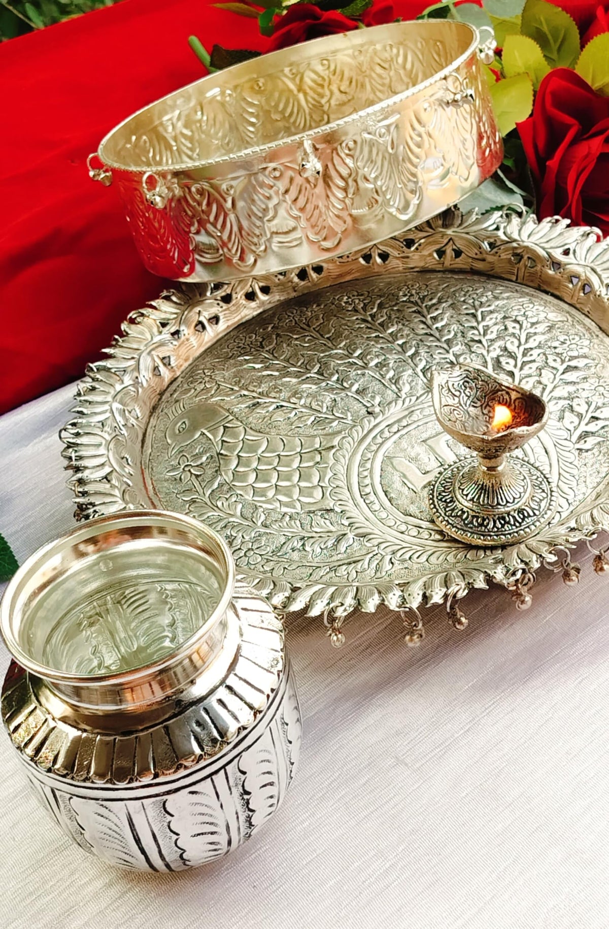 German Silver karwachauth Combo Set of 4 Pieces - thali Set