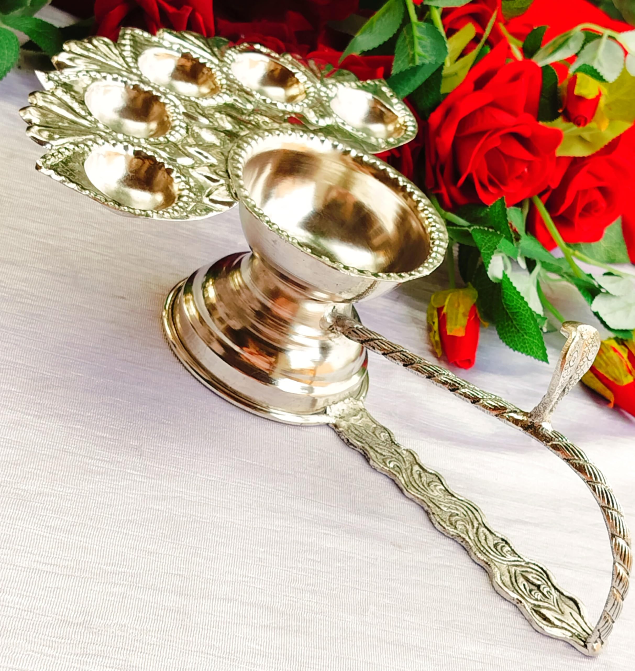 German Silver Big Size Panch aarthi Diya Set for Pooja on Diwali Festival, House Warming Party