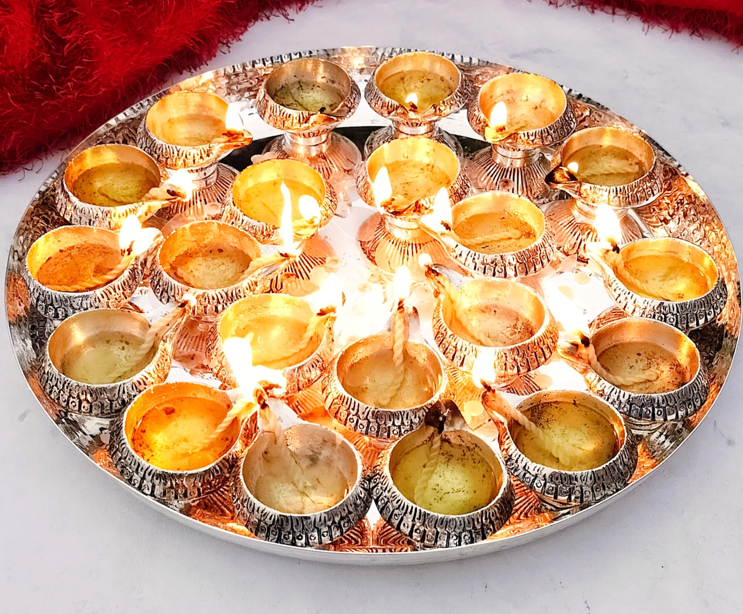 German Silver 21 Diya Diwali Puja MAHALAKSHMI aarti thali Set