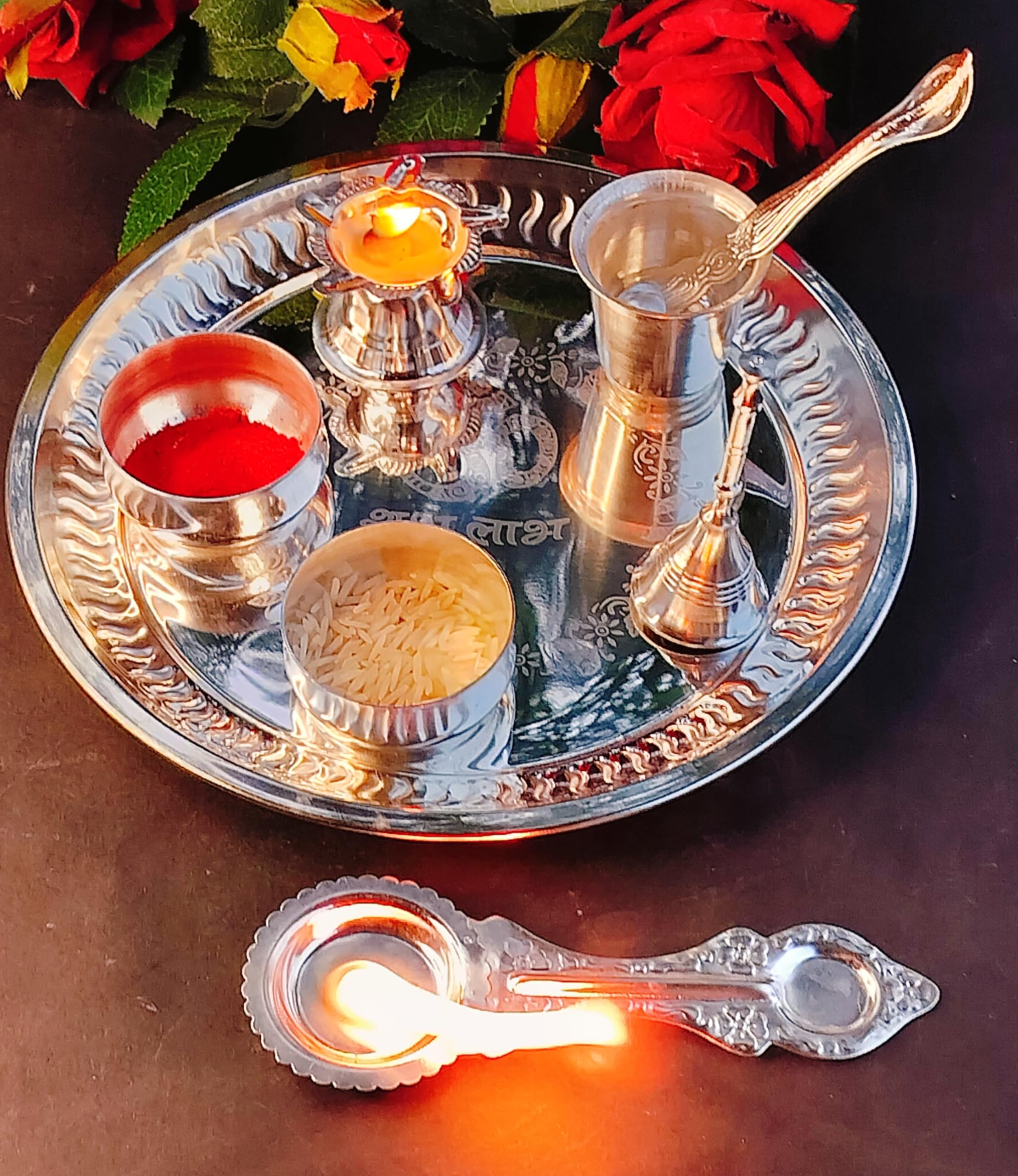 German Silver Plated Om shubh labh Engraved Pooja Combo Set of 7 Pieces Set for Diwali Festival, House Warming puja Party, Gift Item.