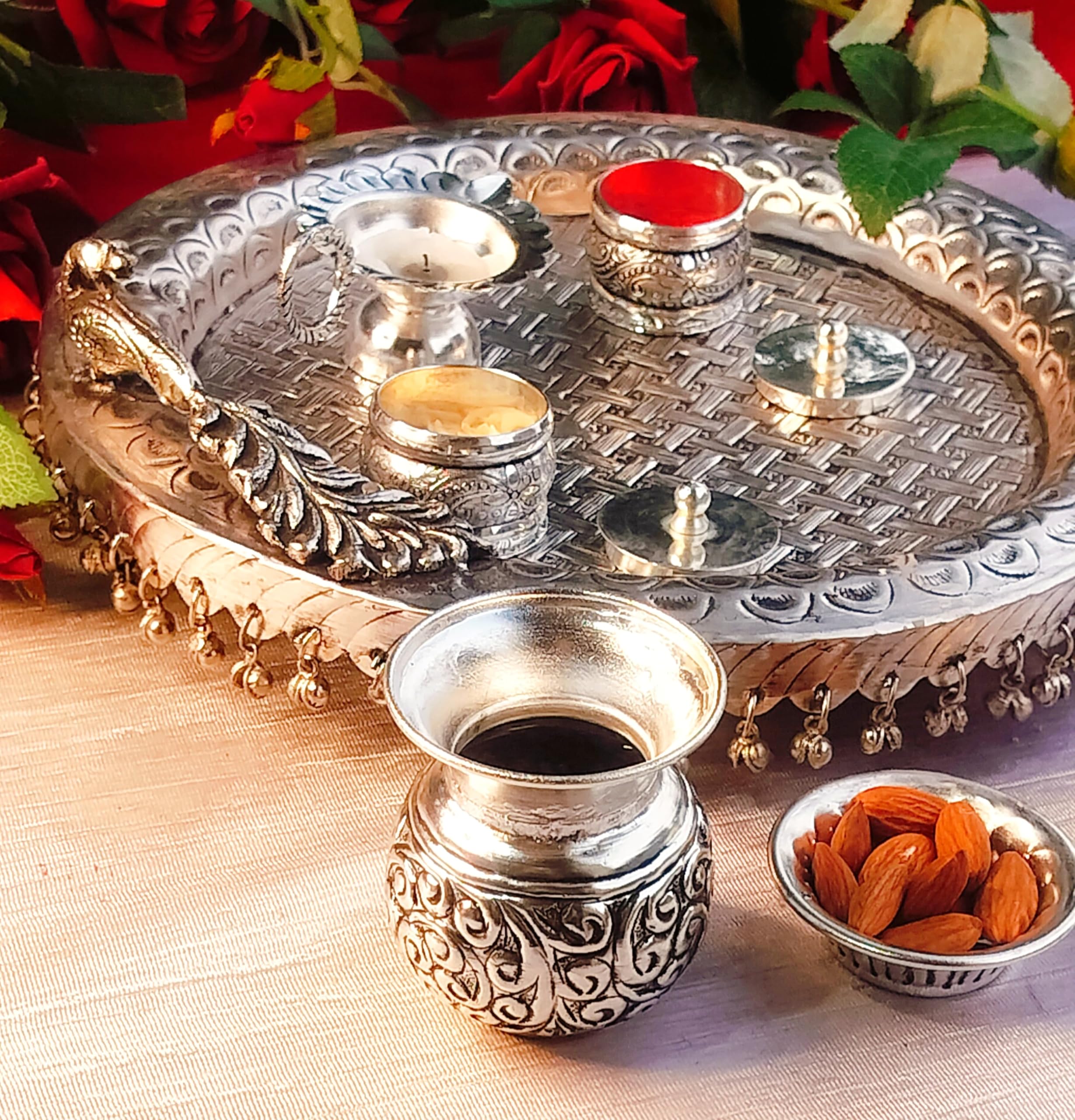 German silver Heavy gauge Antique design full Ghungaru peacock pooja set