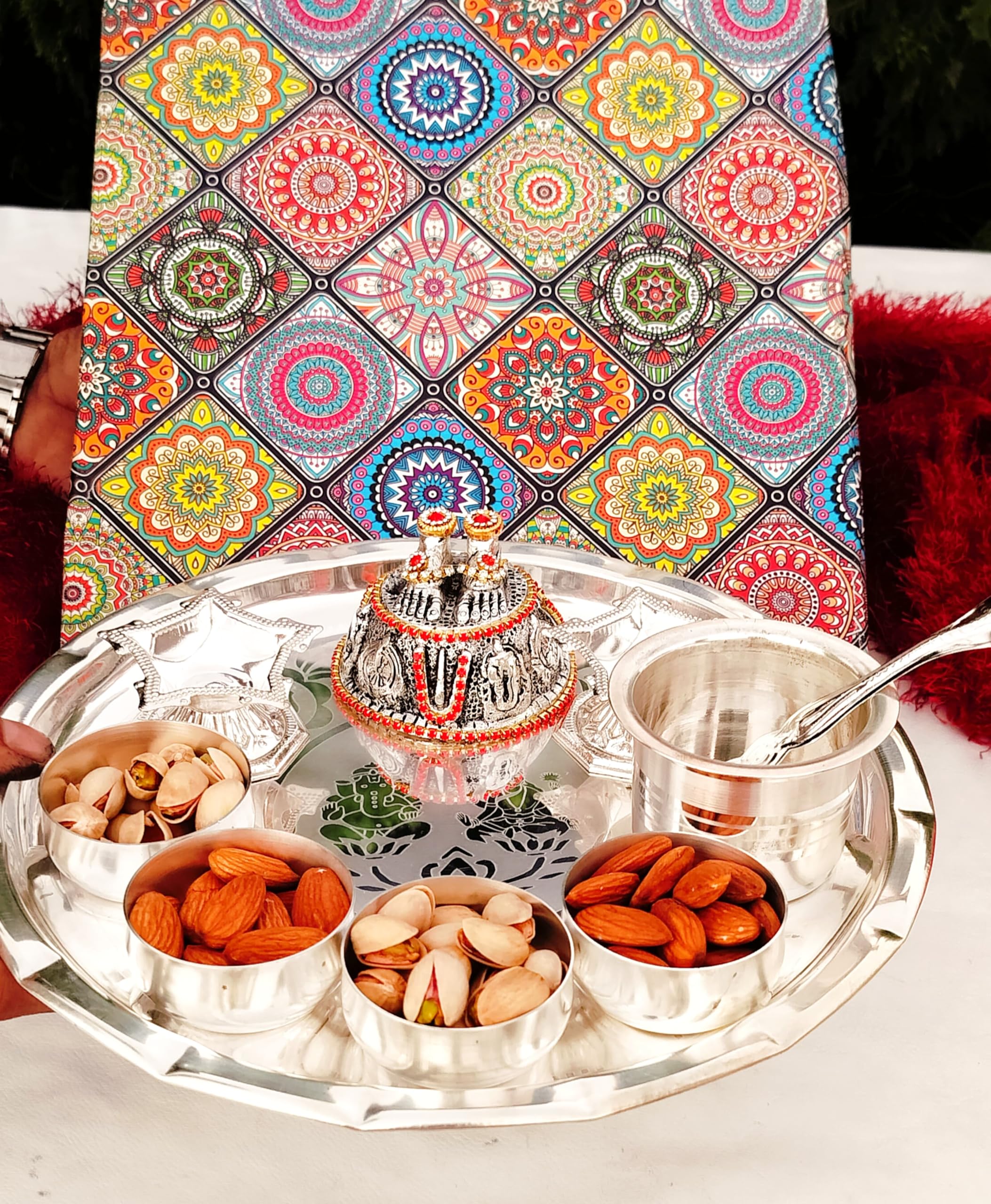 German silver Laxmi Ganesh engraved Pooja Set with Laxmi charan for Diwali/housewarming