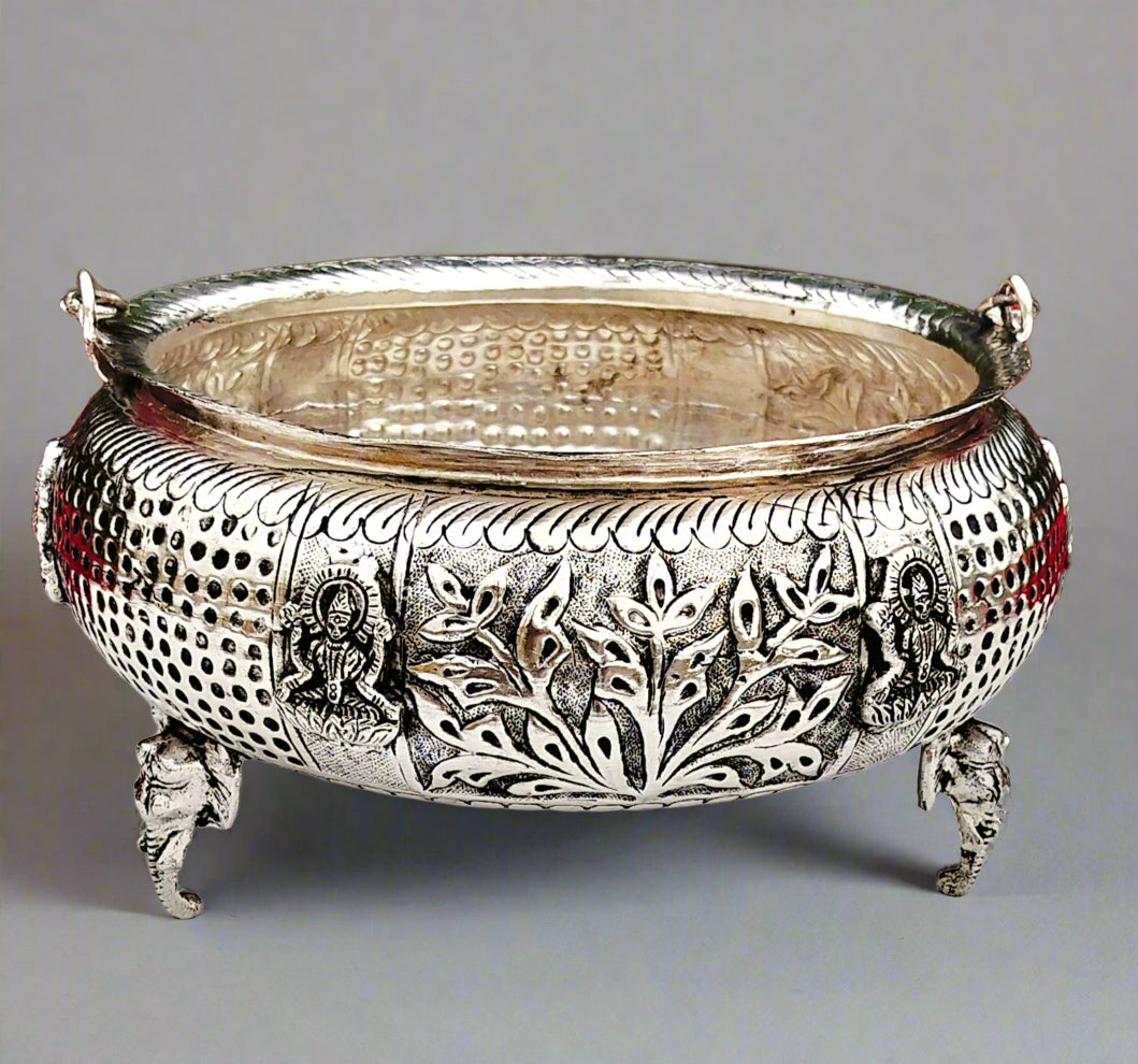 German silver Lakshmi urli/fruit bowl with elephant legs