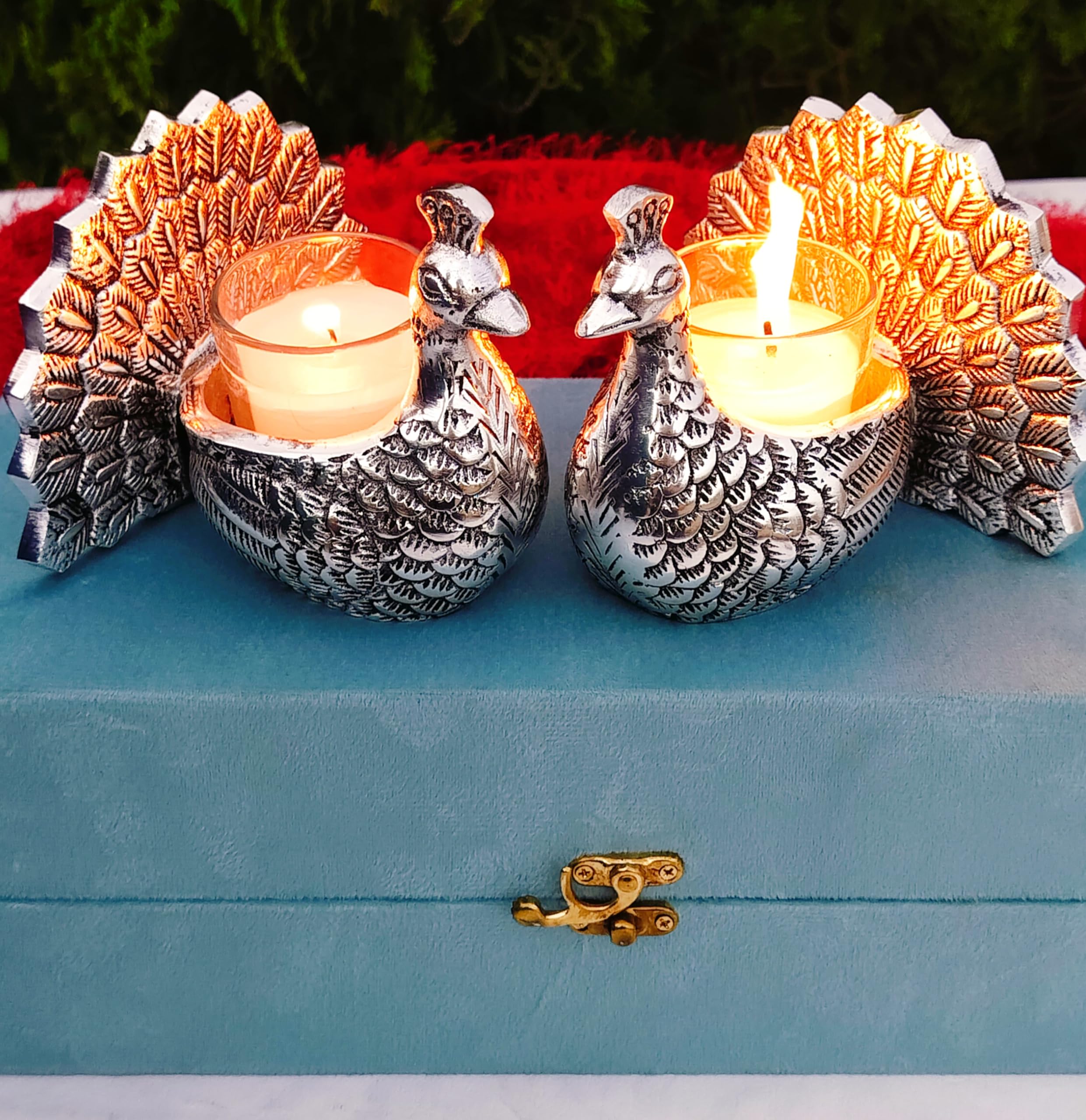 Antique Finish German Silver Peacock Pair with Glass Candle Holder, Set of 2 Peacock Holders, Gift Pack for Diwali