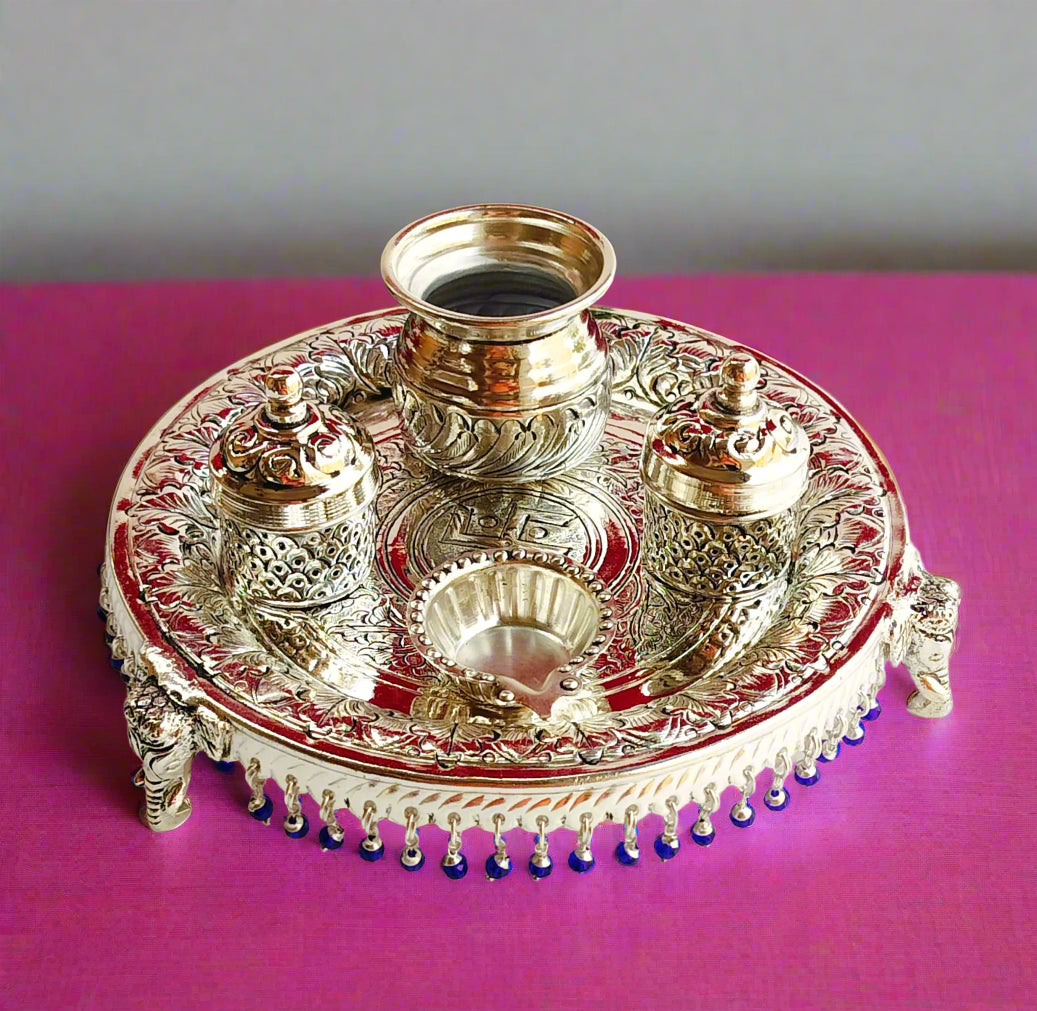 German Silver aarti thali with Elephant Legs