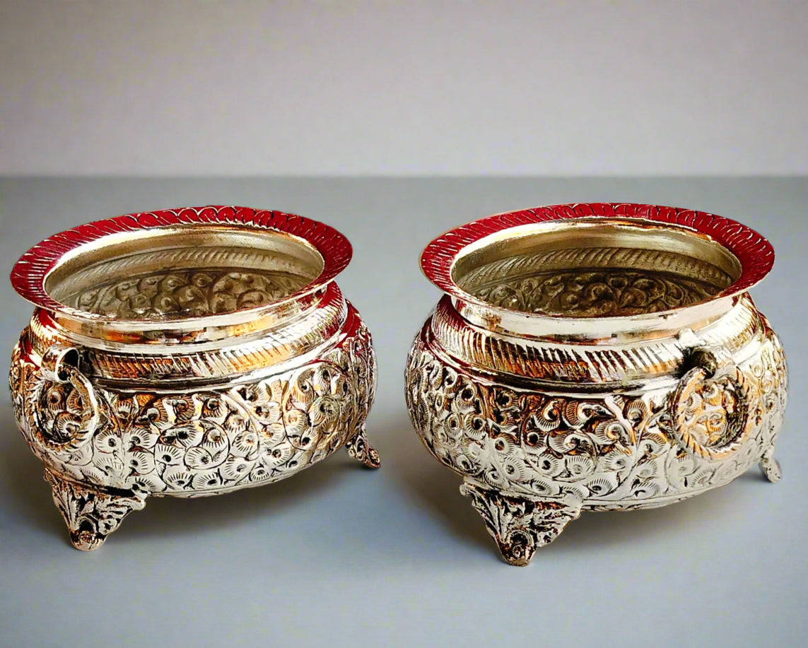 German silver set of 2 antique finish new mini urli bowl with both side kada/rings