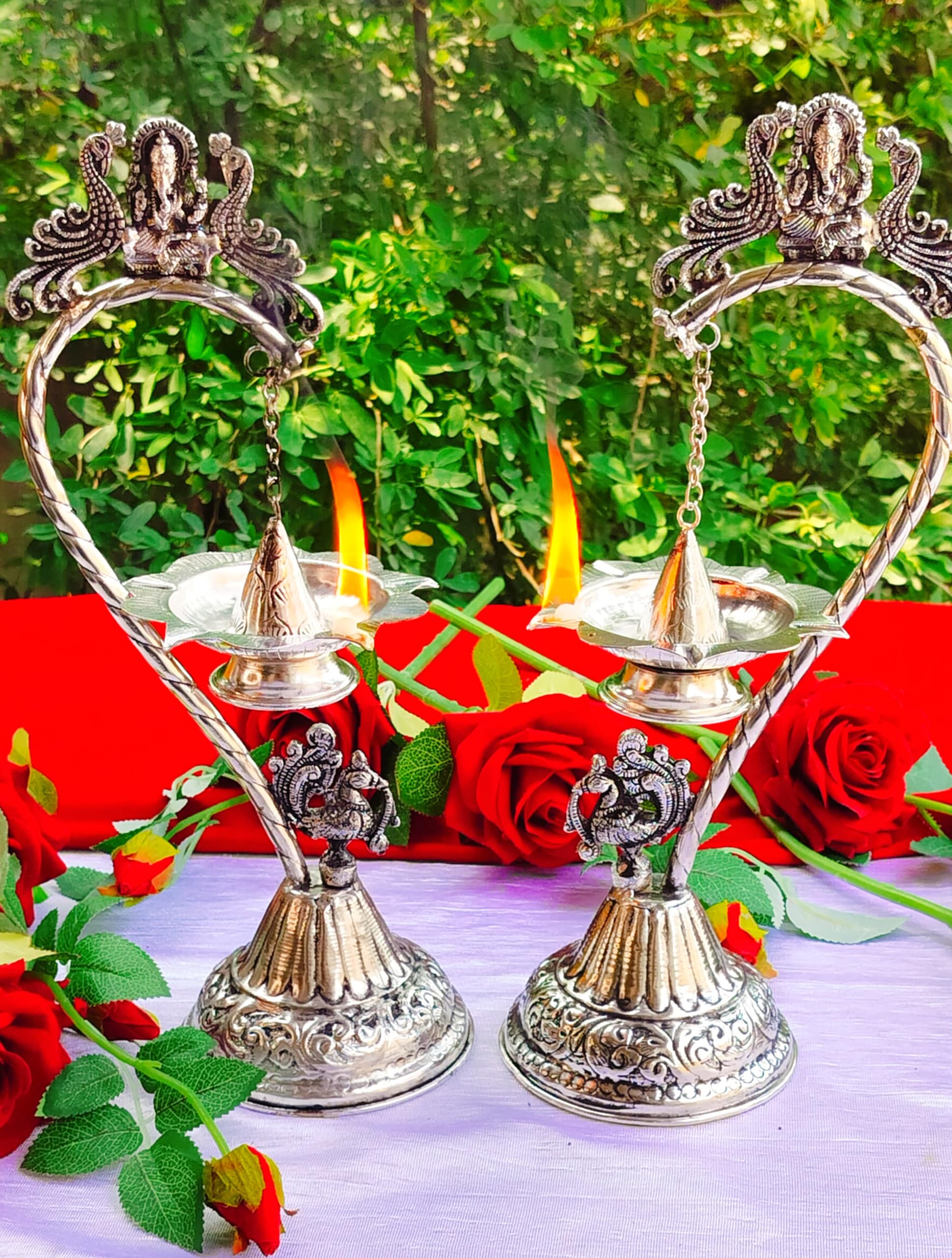 German Silver vinayak with Peacock Hanging Diya Pair, Size : 15"