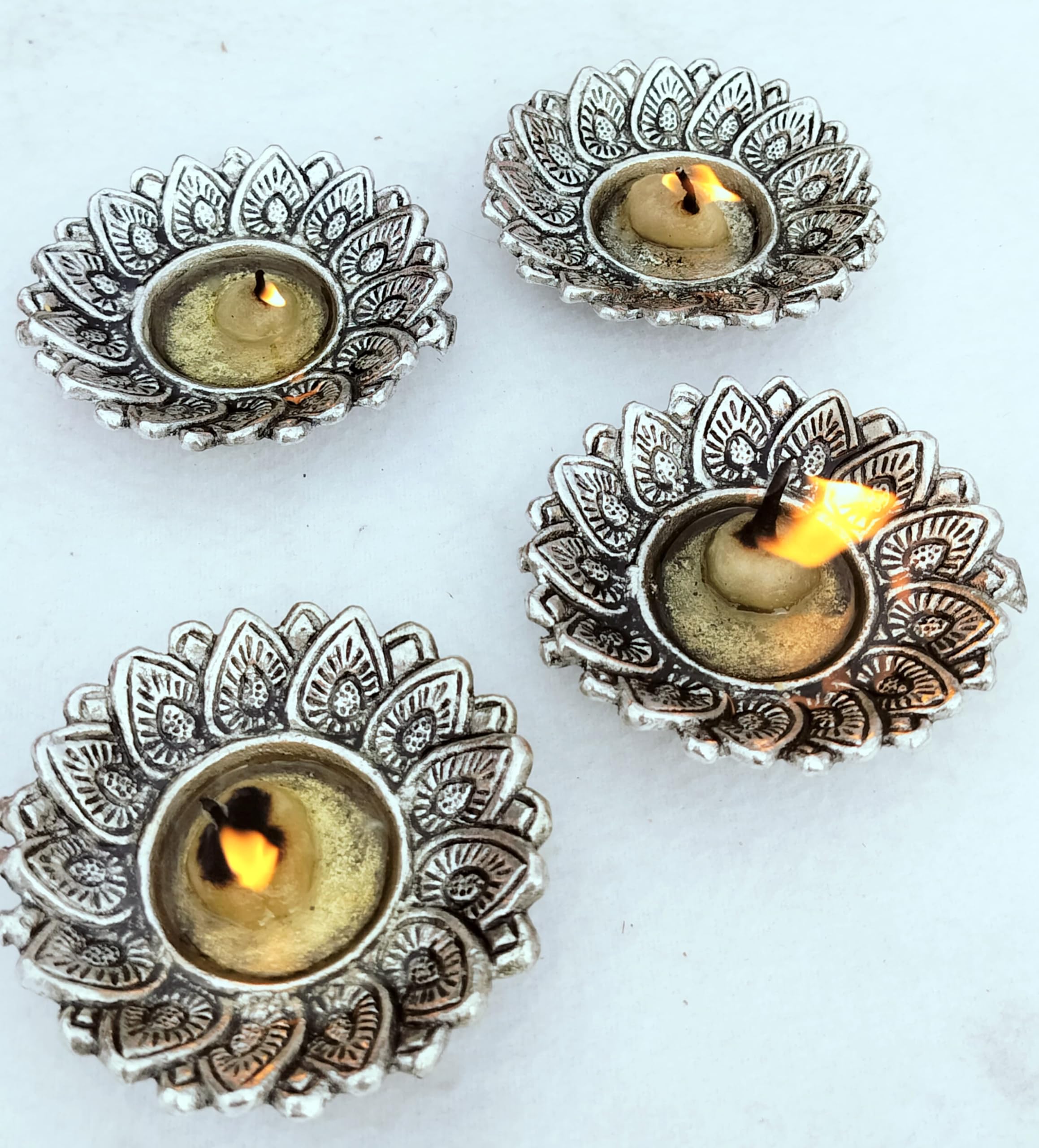 Antique German Silver Sunflower Diya, Set of 21 diyas