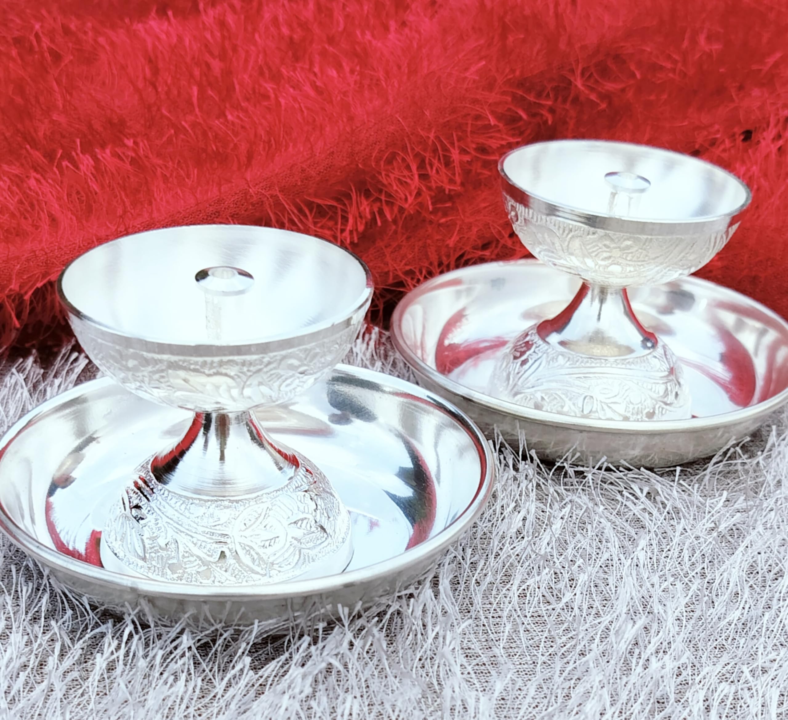 German Silver nakkashi Work Daily use Akhand Diya with Plate Set, 2 Full Sets