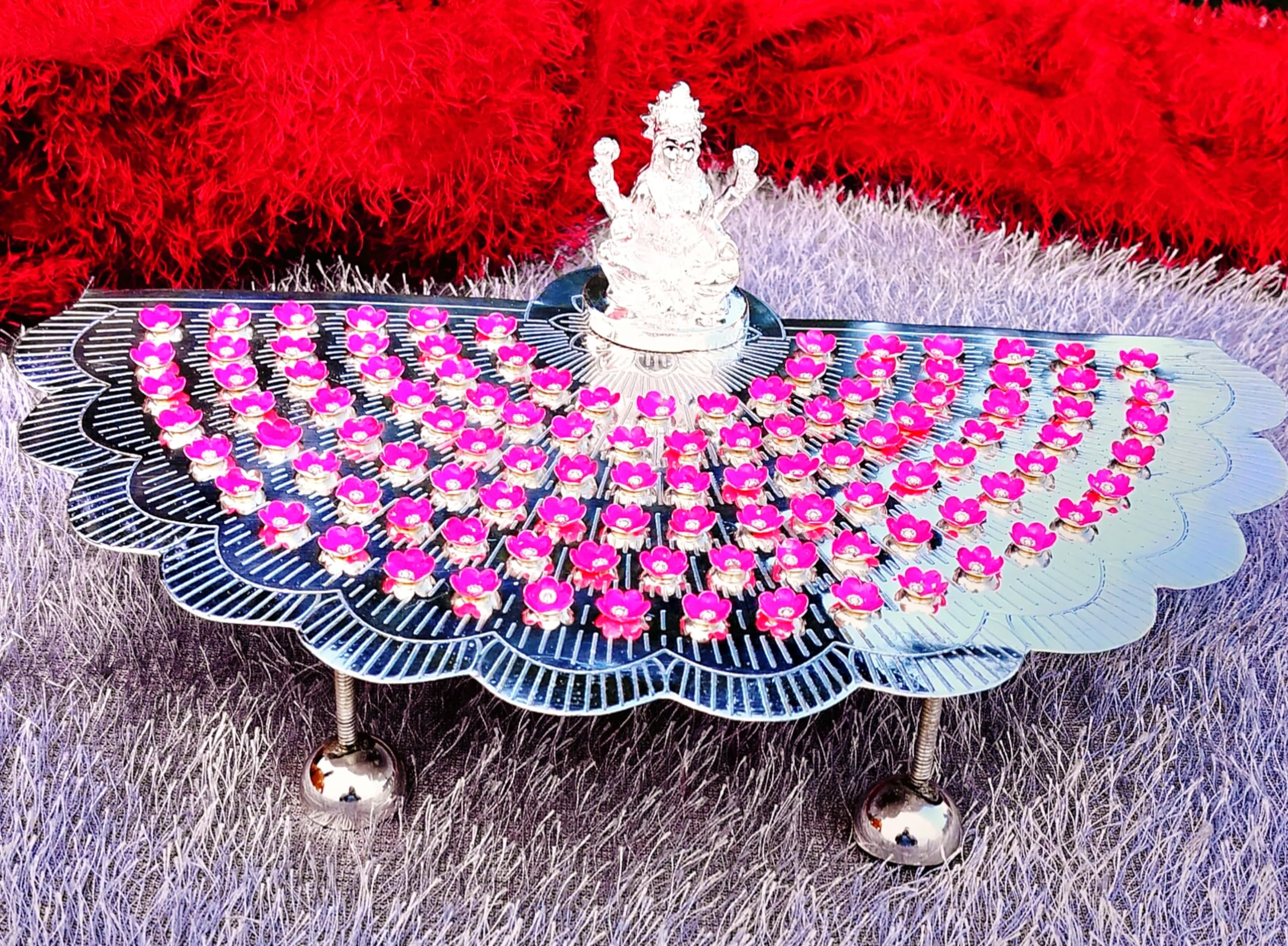 German Silver 108 Flower Stand with Laxmi Idol & Flowers.
