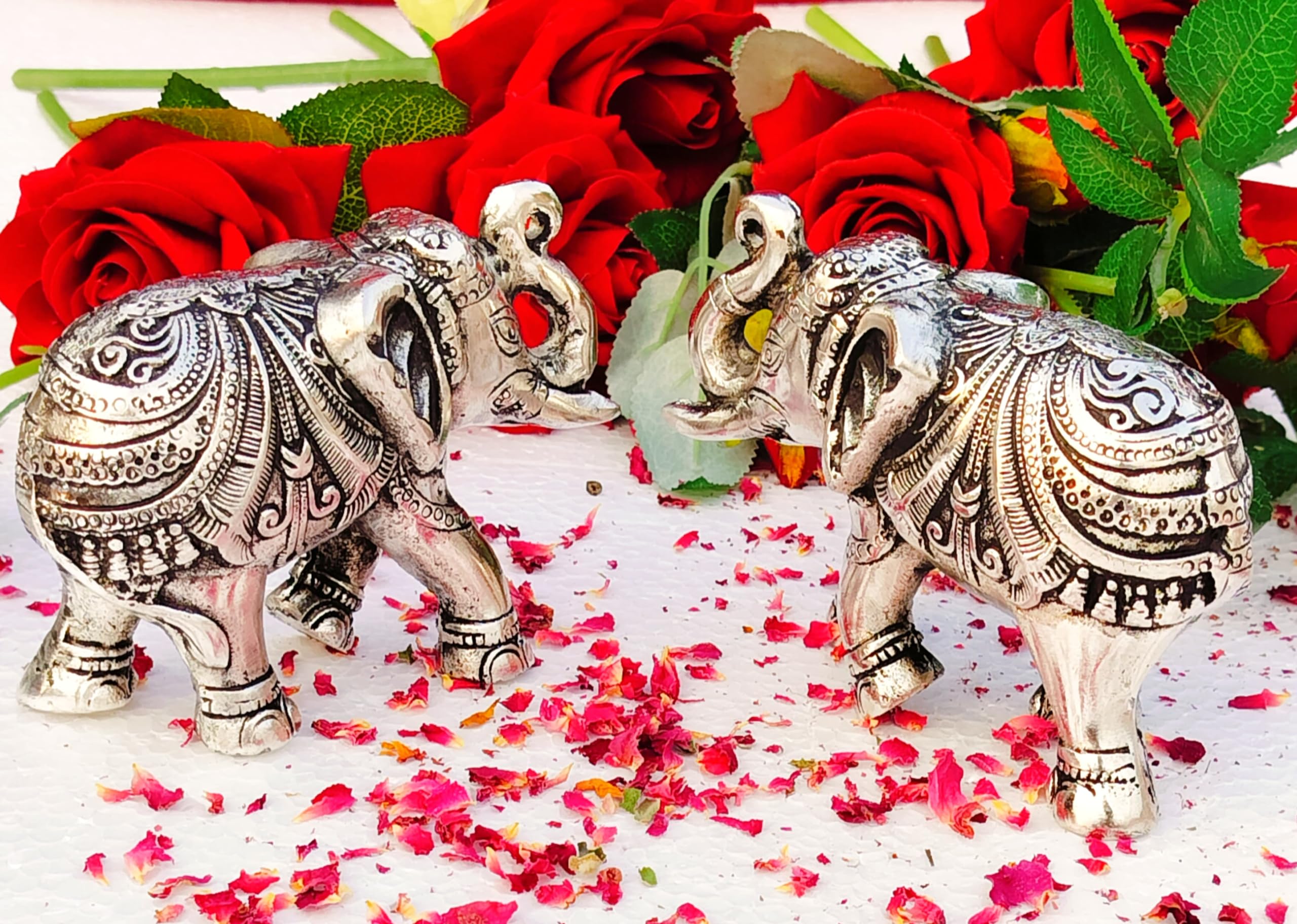 indiancraftsbykanika German Silver Set of 2 Fully Carved Elephant Home Decor/Gift Item/Statue, 110224p
