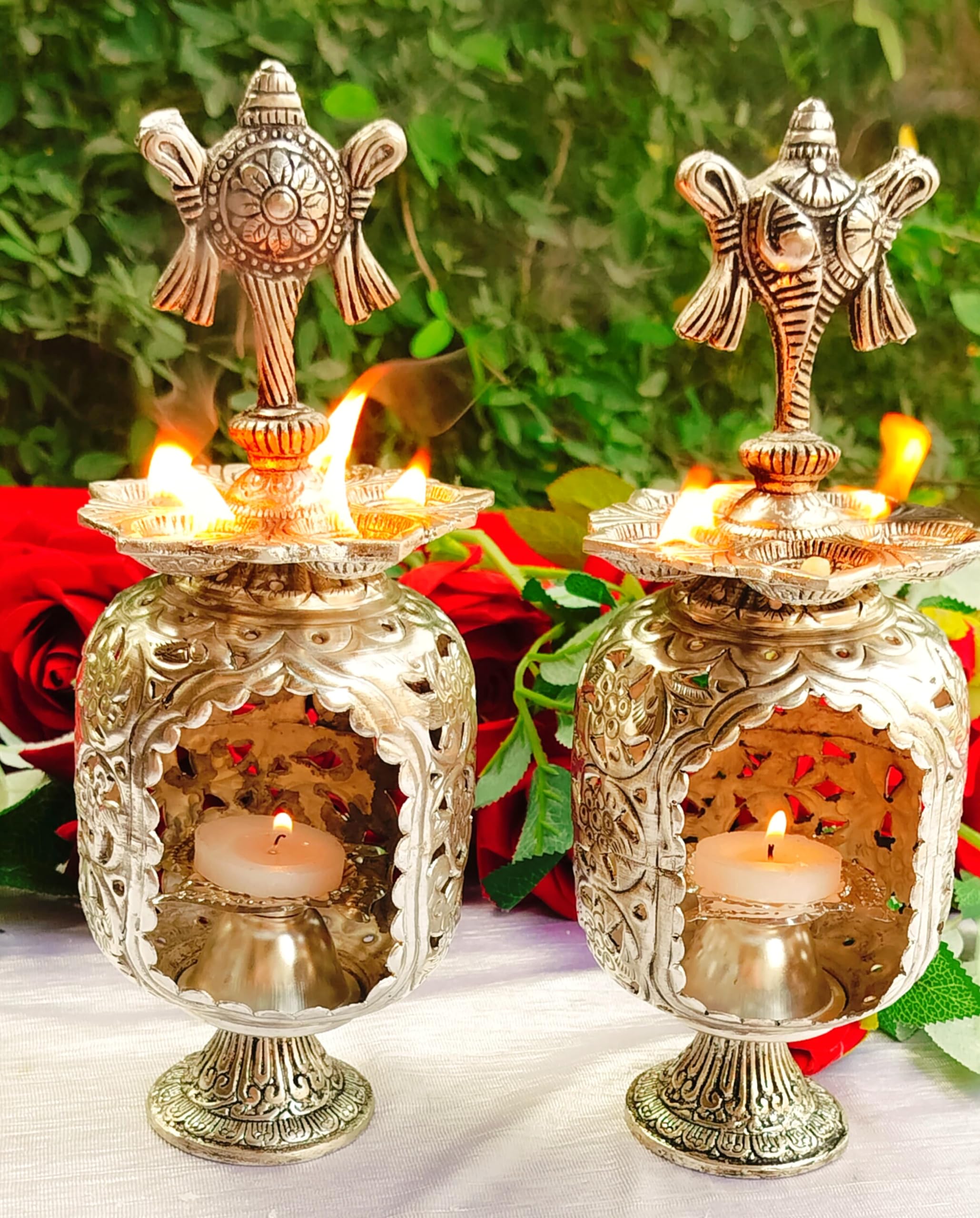 German Silver Black Finish panchmukhi shanku Chakra Diya Pair- 11" Height