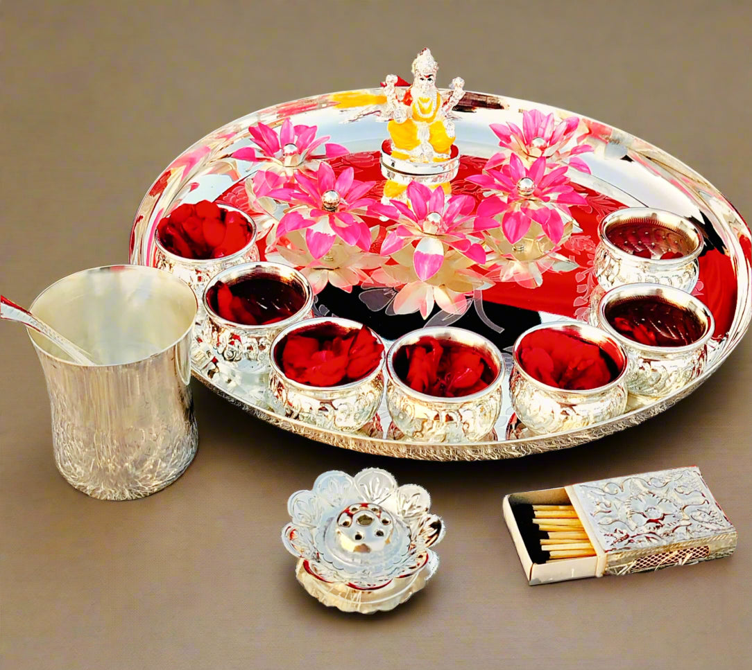 German silver pooja thali set with Lakshmi idol for Diwali pooja/housewarming pooja