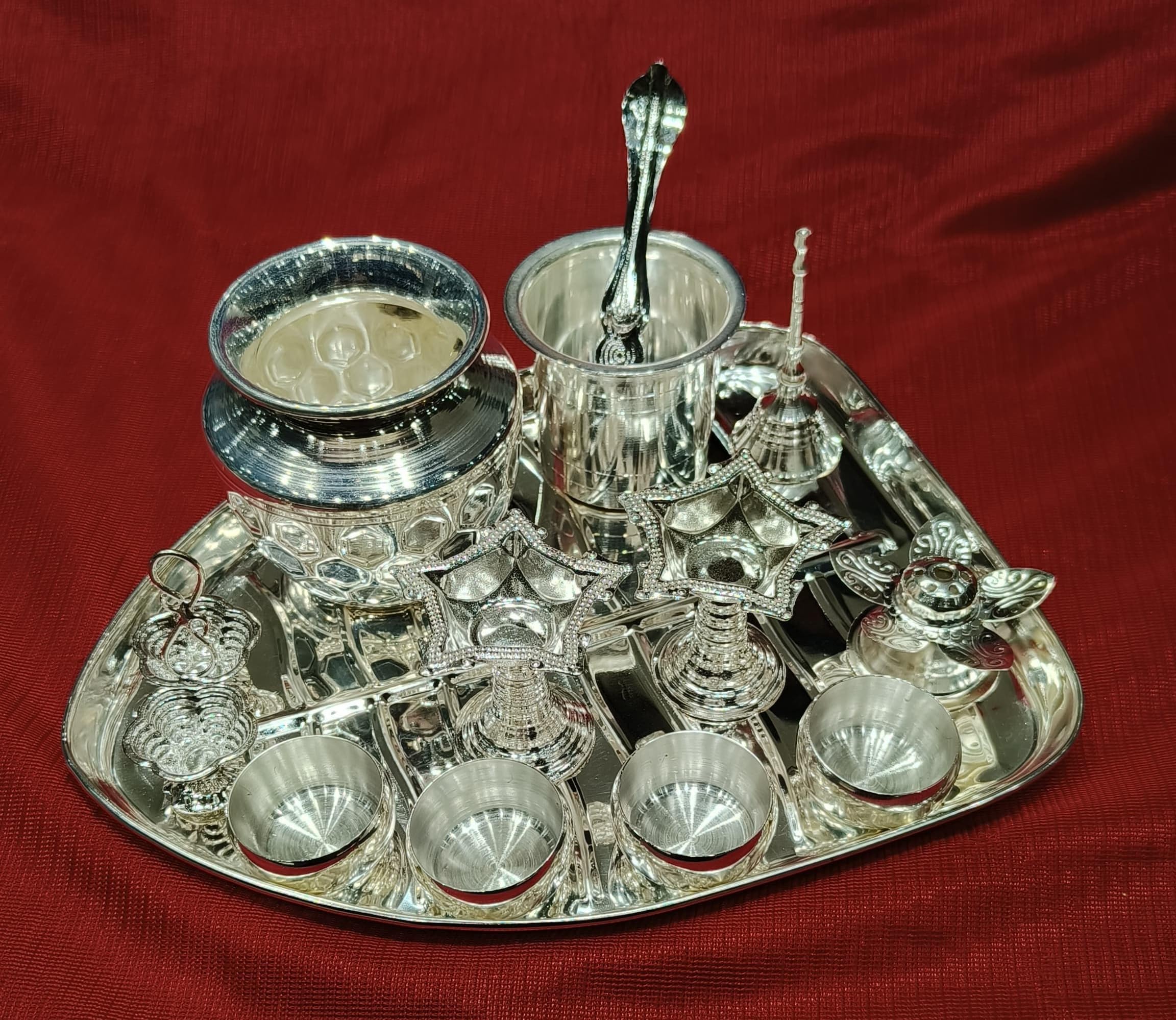 Silver Plated Leaf Pooja Thali Set Of 13 Pieces For Diwali/Housewarming Pooja/Gift Item
