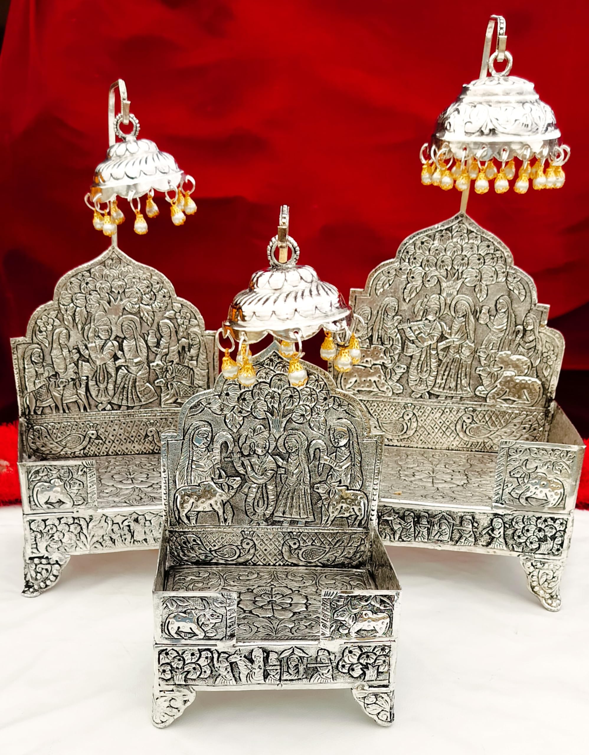 indiancraftsbykanika Antique Finish German Silver Radha Krishna Engraved Sing Hasan with Detachable - Medium Size