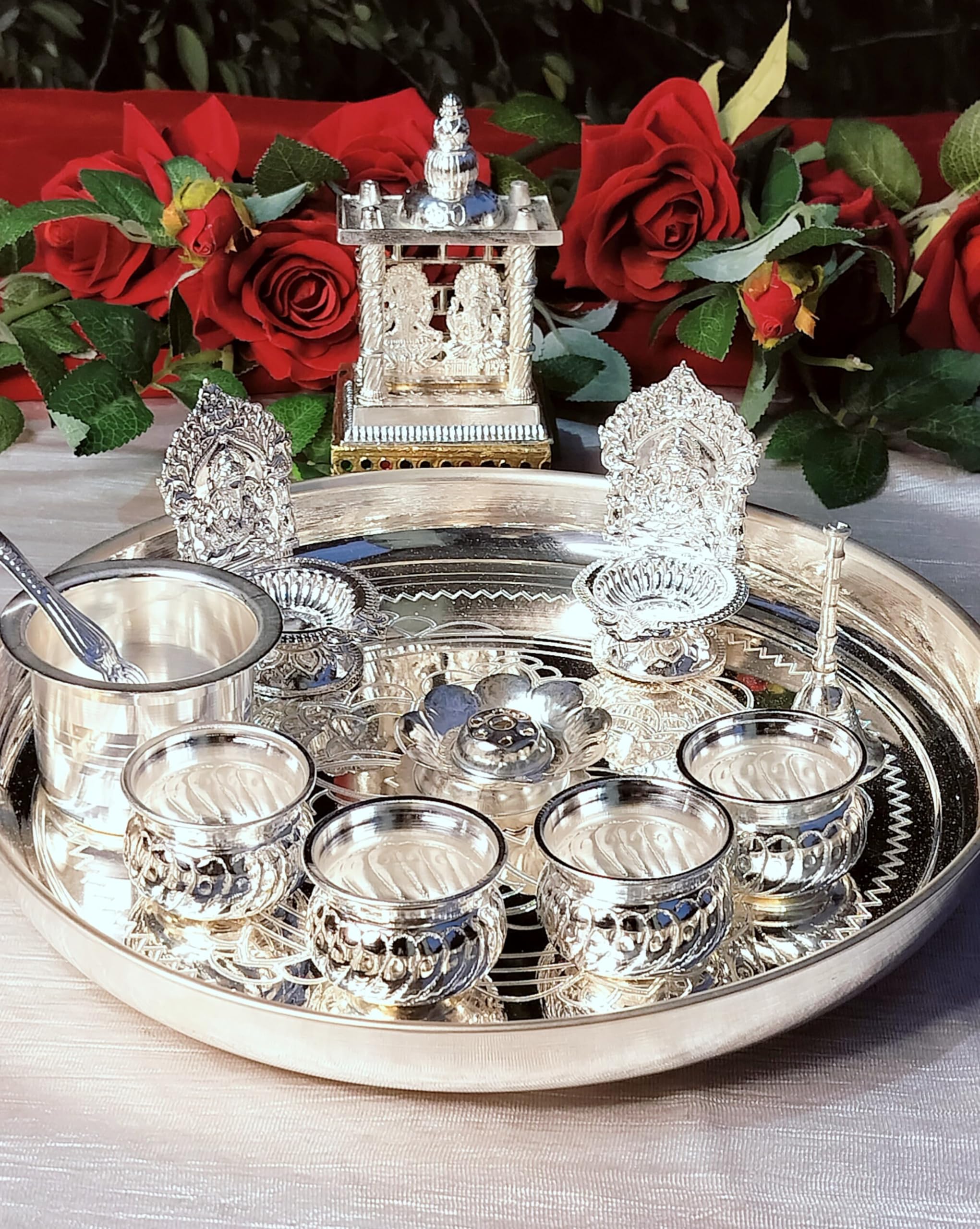 German Silver Combo Pooja thali Set with Lakshmi Ganesh Temple