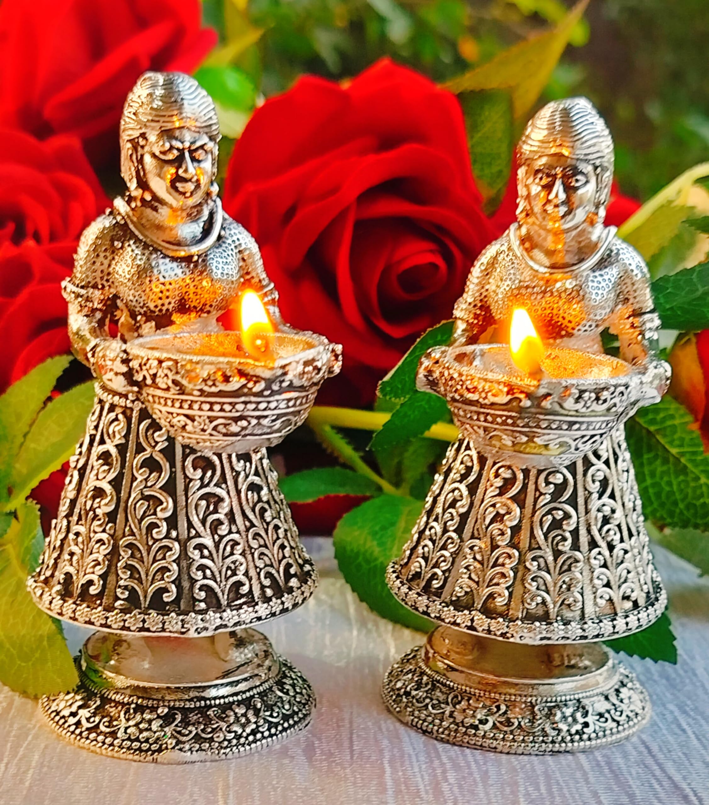 German Silver Antique Special Lady Diya Pair Fully Carved, Set of 2 Pieces