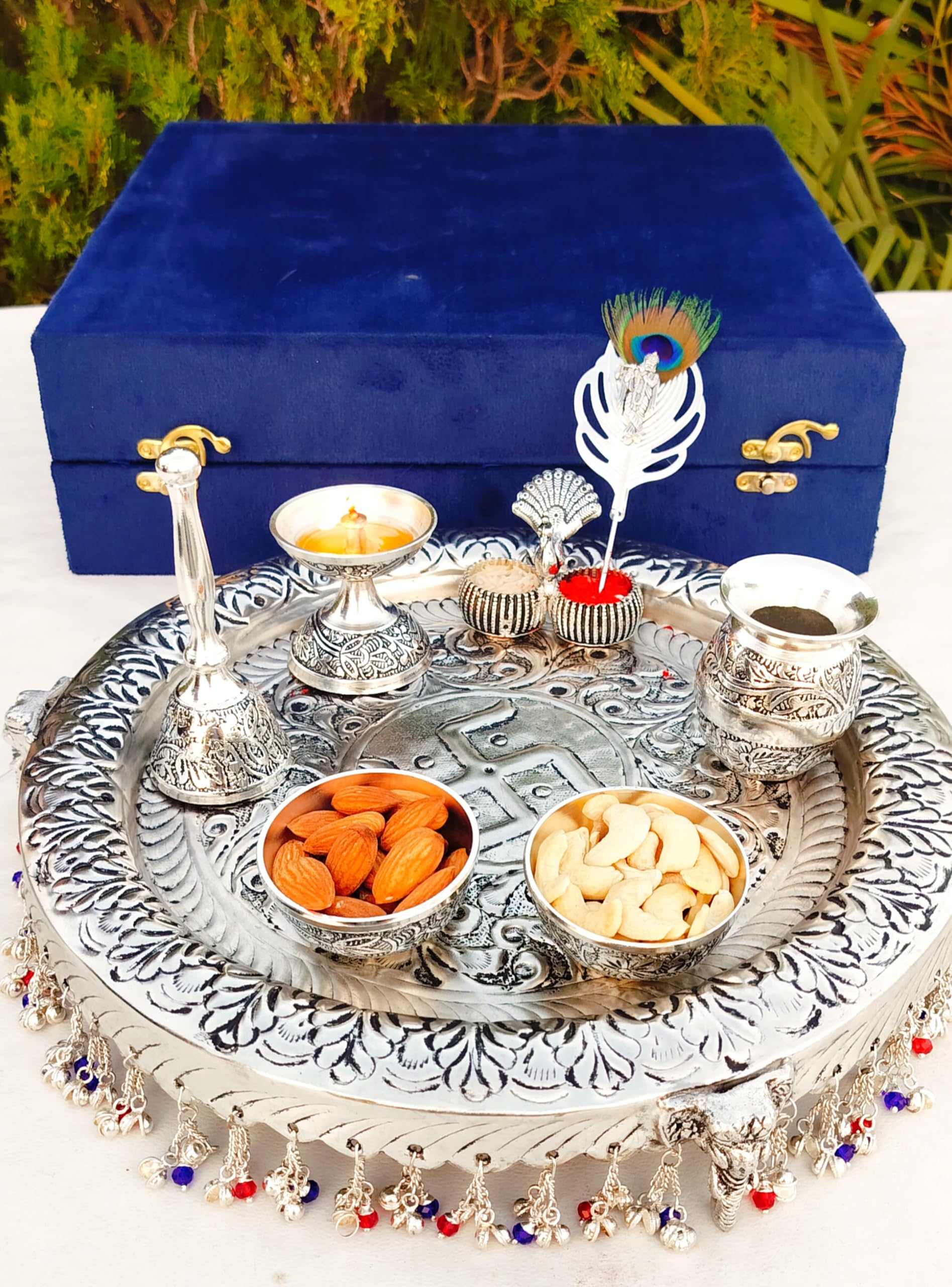 German Silver thali Set with Flute Krishna Tilak Stick