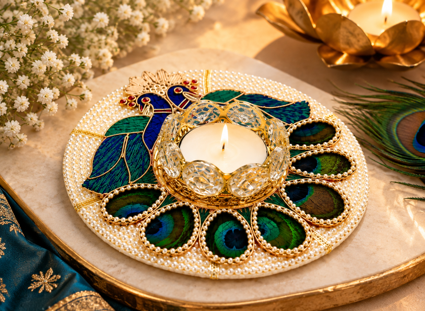 Set of 10 Crystal Peacock Feather Tea Light Holders, Diwali Home Decor