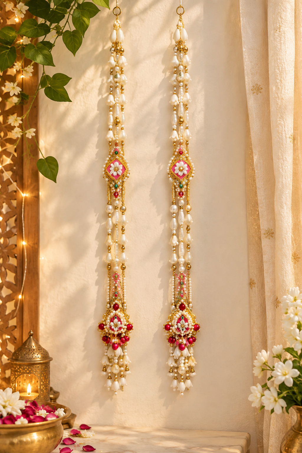 39-inch Ganpati flower beaded side wall hangings set of 2 with artificial flowers and tassels for Diwali and housewarming door decor.