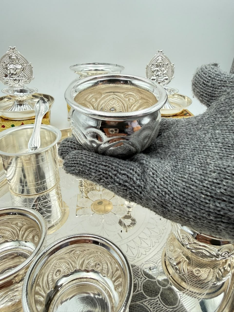 German Silver Pooja Thali Set – 11 Pieces – Varalakshmi Festival / Diwali Puja Essentials