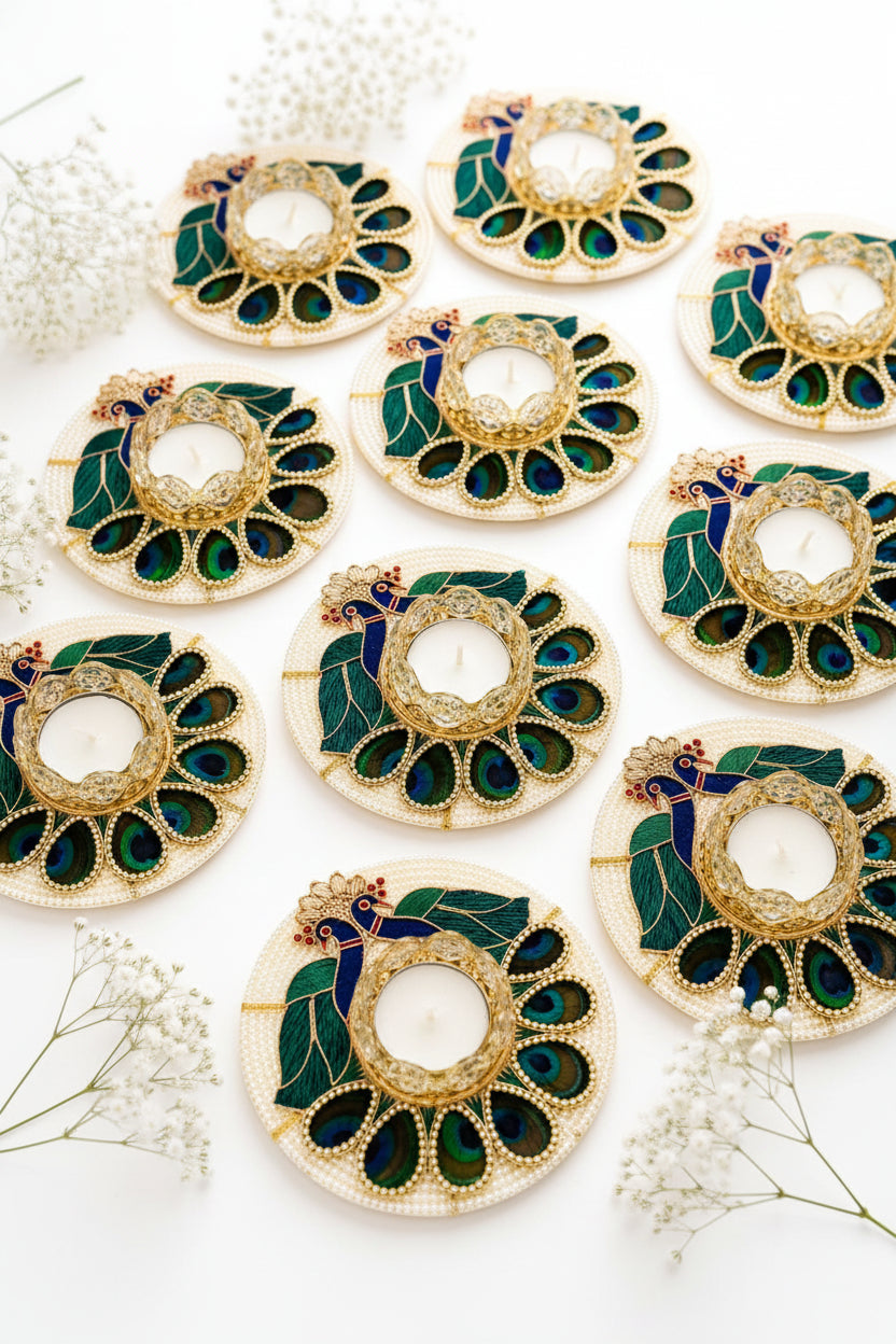 Set of 10 Crystal Peacock Feather Tea Light Holders, Diwali Home Decor