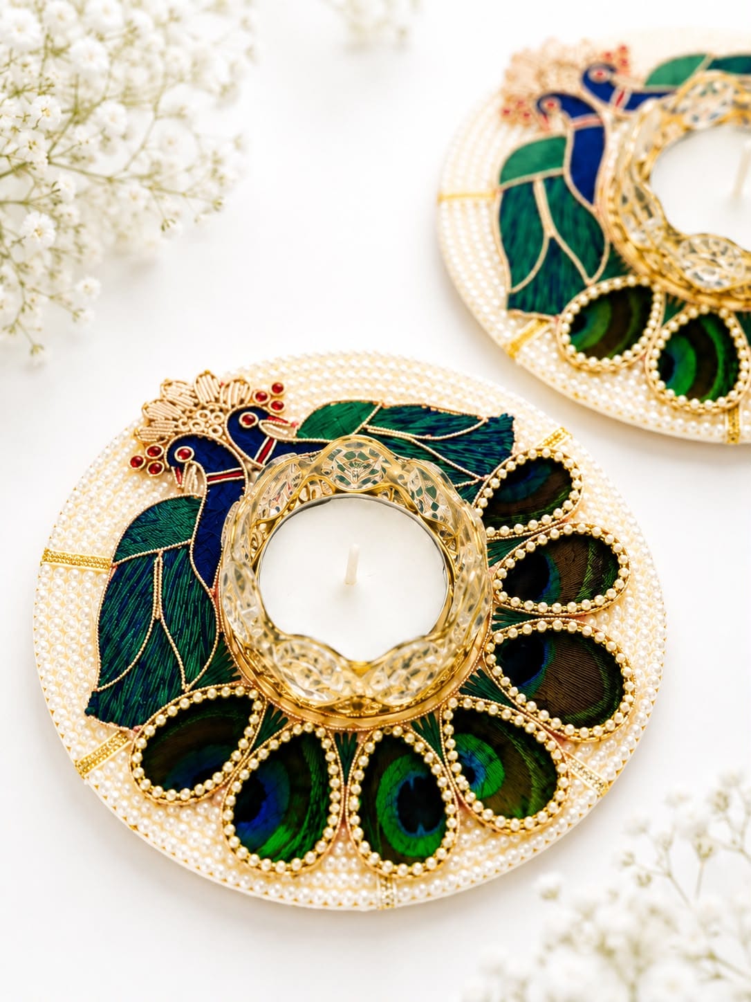 Set of 6 Crystal Peacock Feather Tea Light Holders, Diwali Home Decor