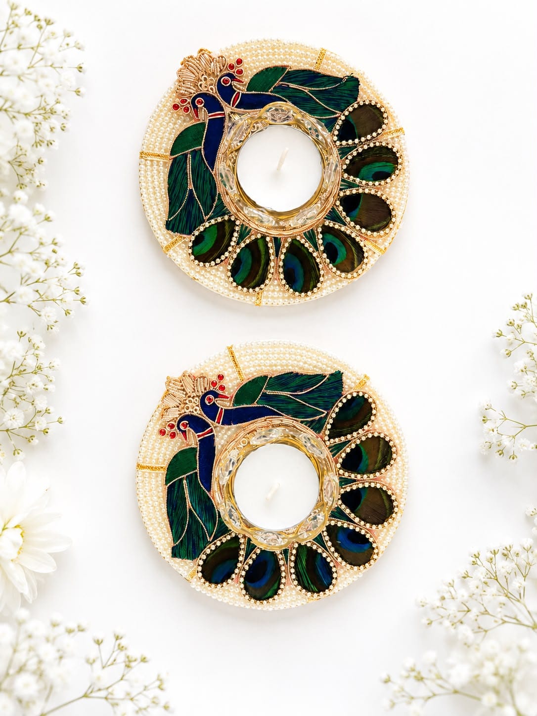 Set of 2 Crystal Peacock Feather Tea Light Holders, Diwali Home Decor