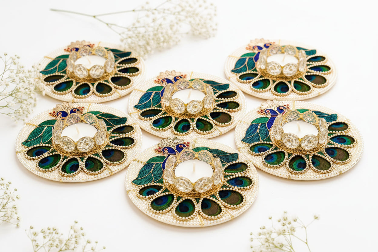 Set of 6 Crystal Peacock Feather Tea Light Holders, Diwali Home Decor