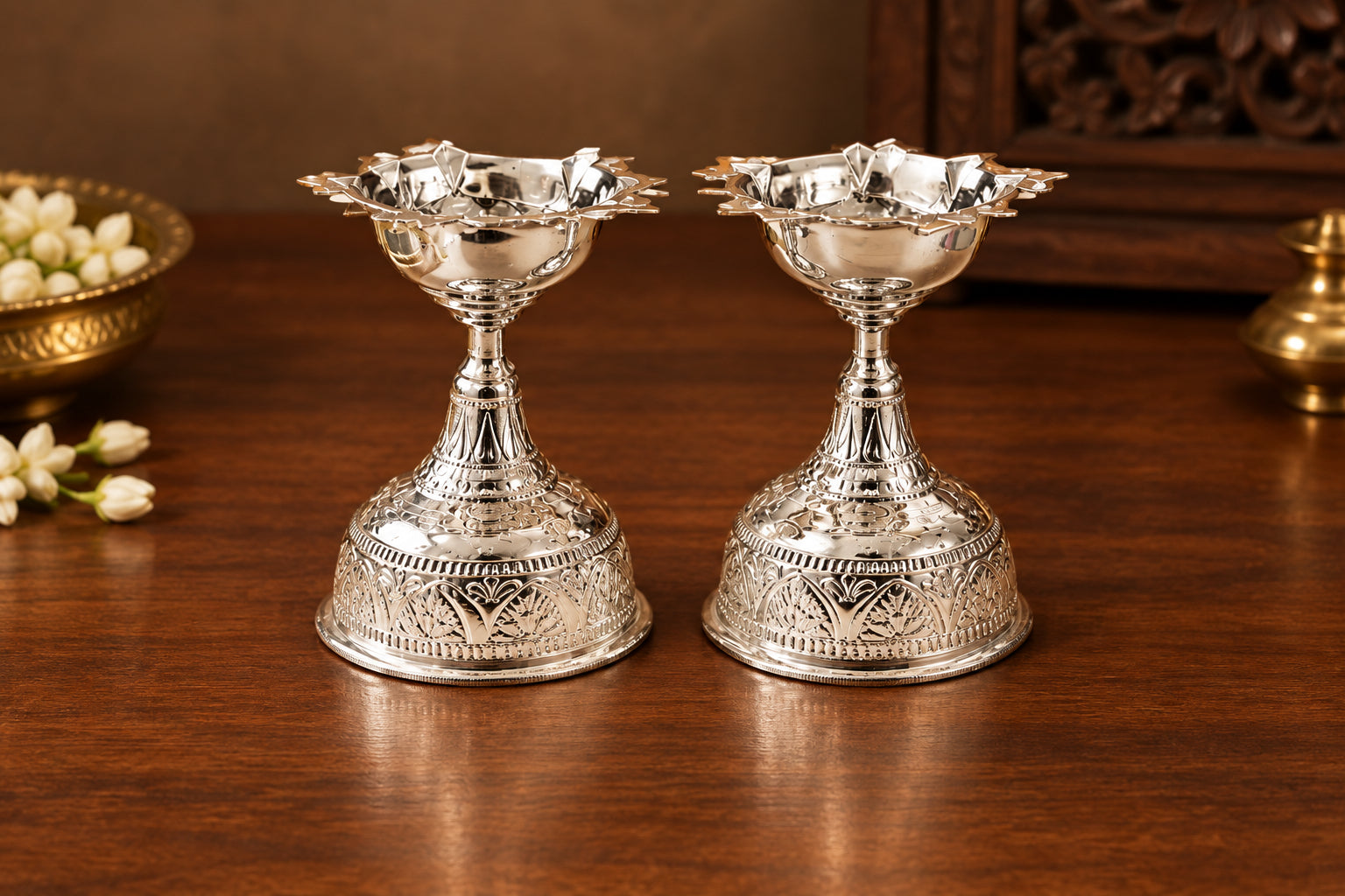 German Silver Tray with Diya Pair – Elegant Pooja Décor