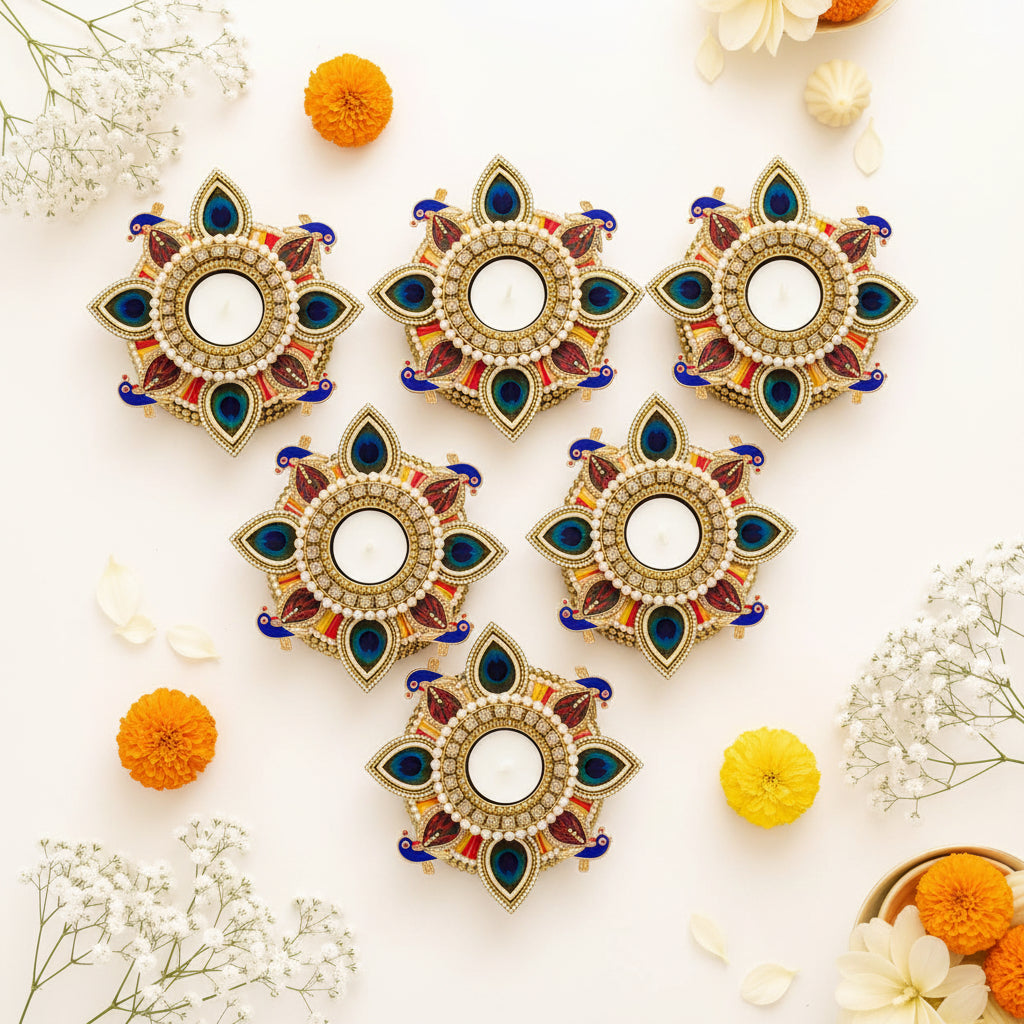 Set of 6 Peacock Feather Tea Light Holders with Wax Lights, Diwali Decor & Gift