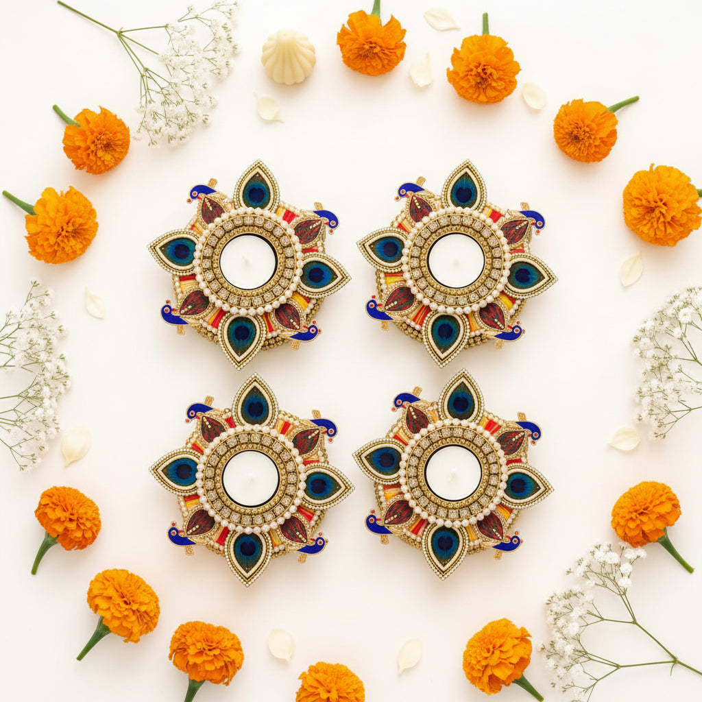 Set of 4 Peacock Feather Tea Light Holders with Wax Lights, Diwali Decor & Gift