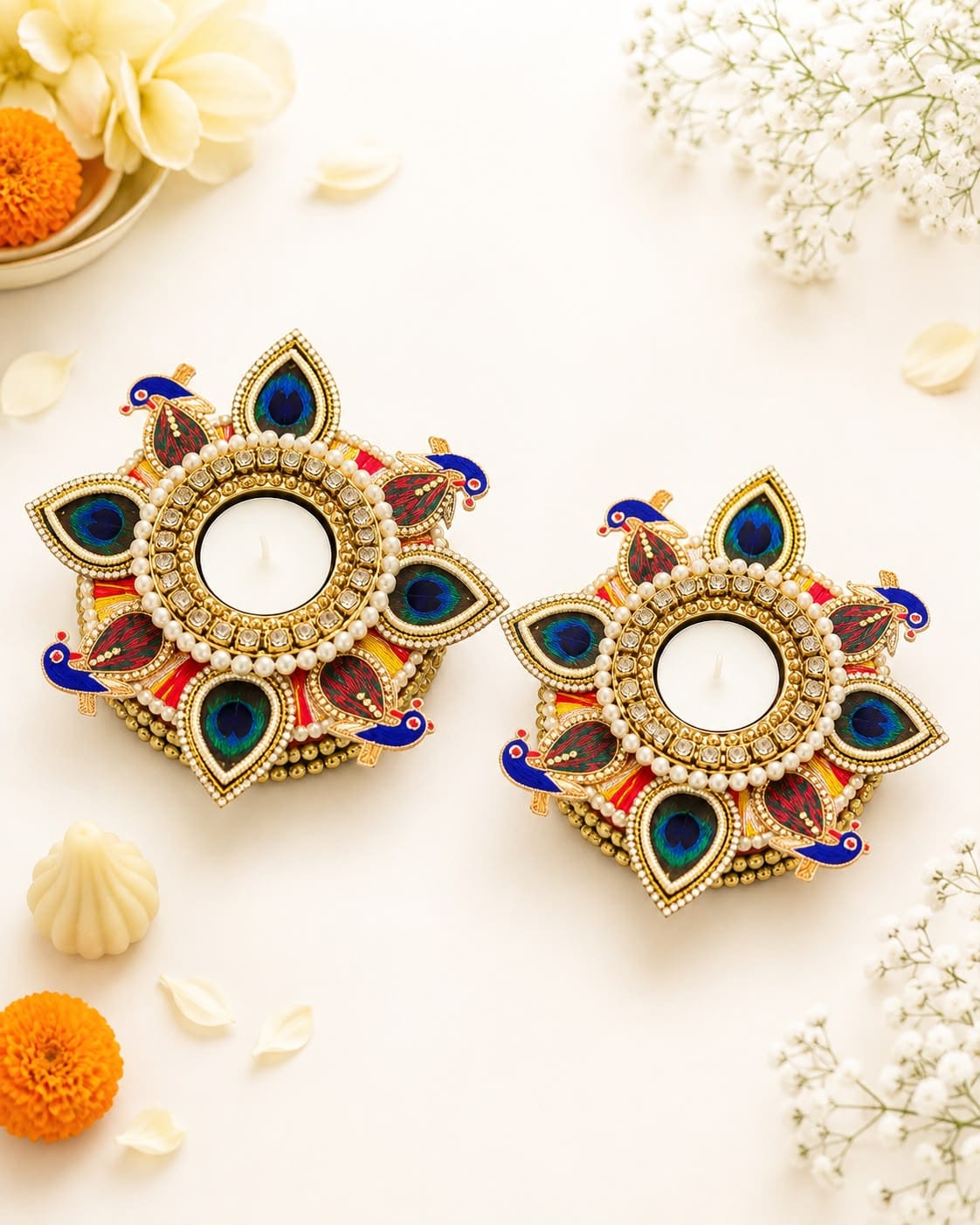 Set of 2 Peacock Feather Tea Light Holders with Wax Lights, Diwali Decor & Gift