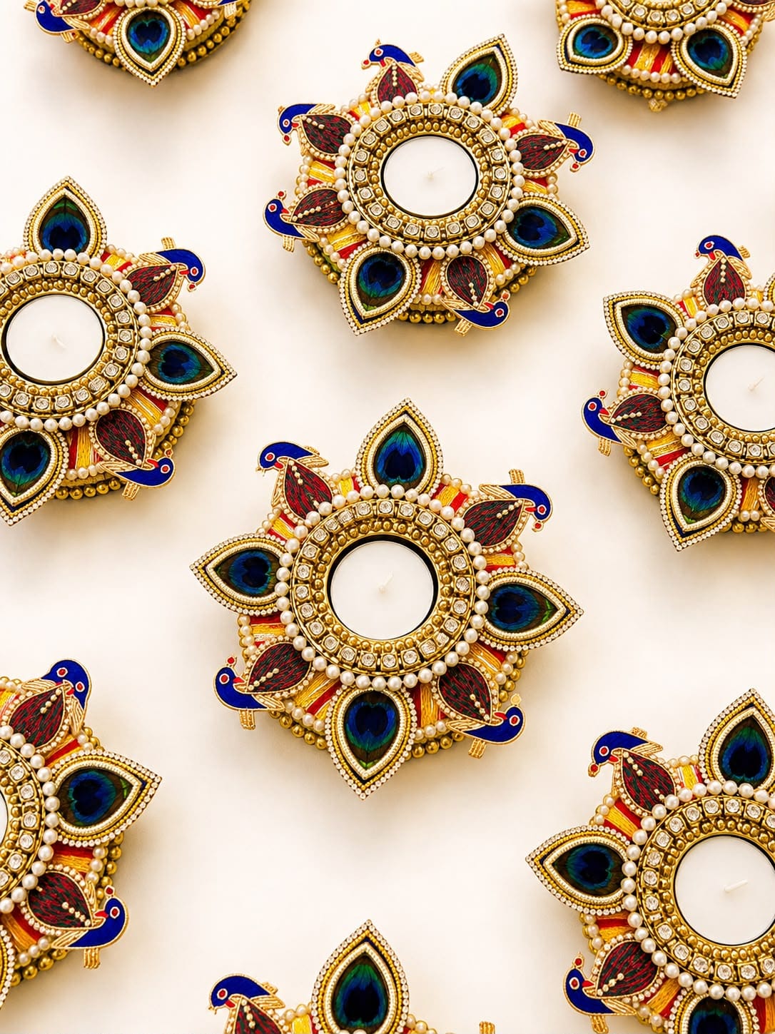 Set of 10 Peacock Feather Tea Light Holders with Wax Lights, Diwali Decor & Gift