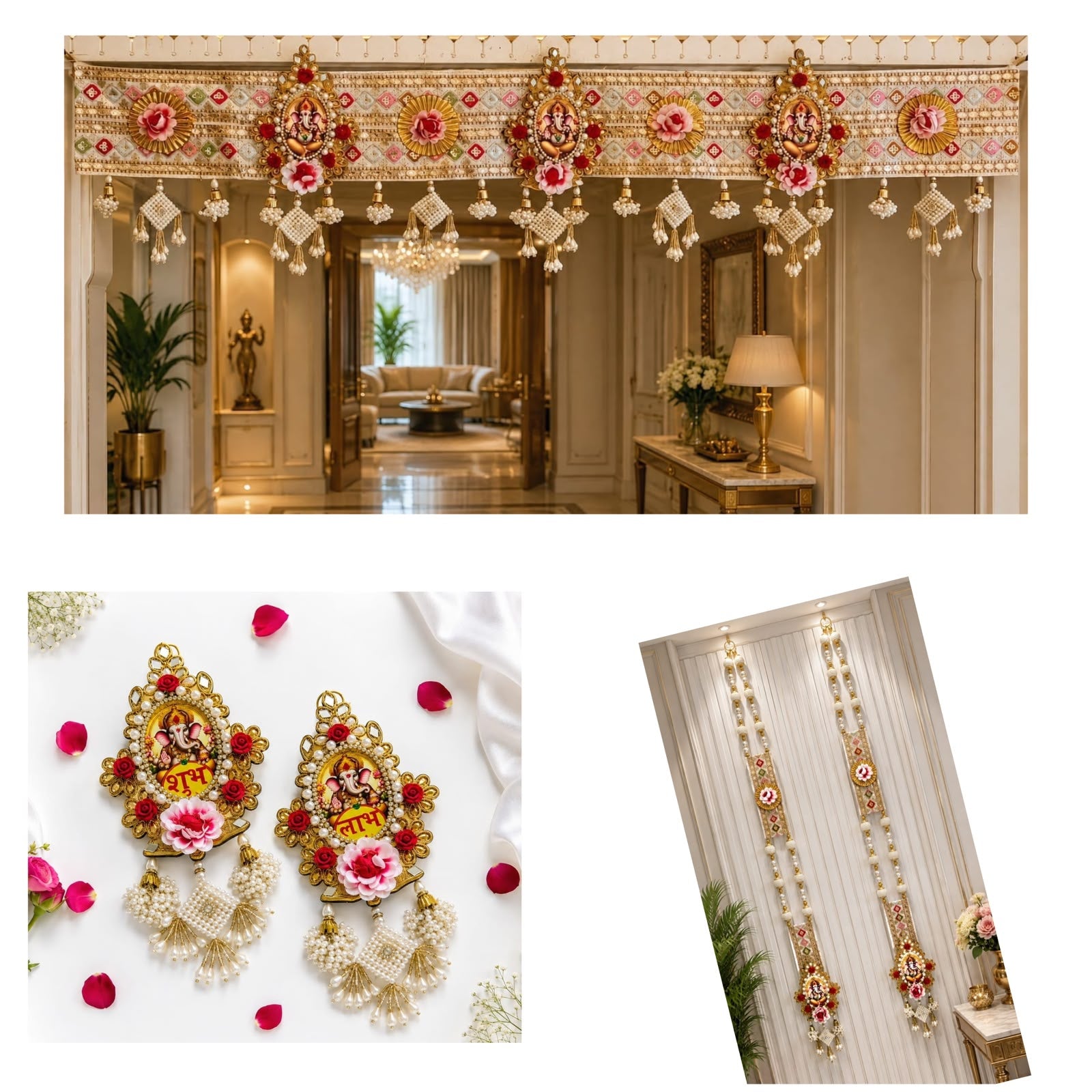 39-inch Ganpati flower beaded door toran set with 2 side wall hangings and a pair of 6-8 inch Ganpati Shubh Labh for Diwali and housewarming entrance decor.