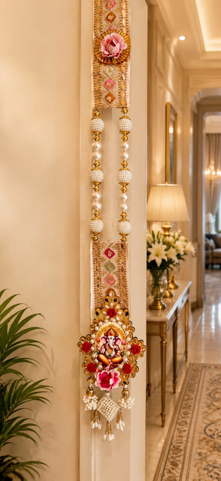 39-inch Ganpati flower beaded side wall hangings set of 2 with artificial flowers and tassels for Diwali and housewarming door decor.