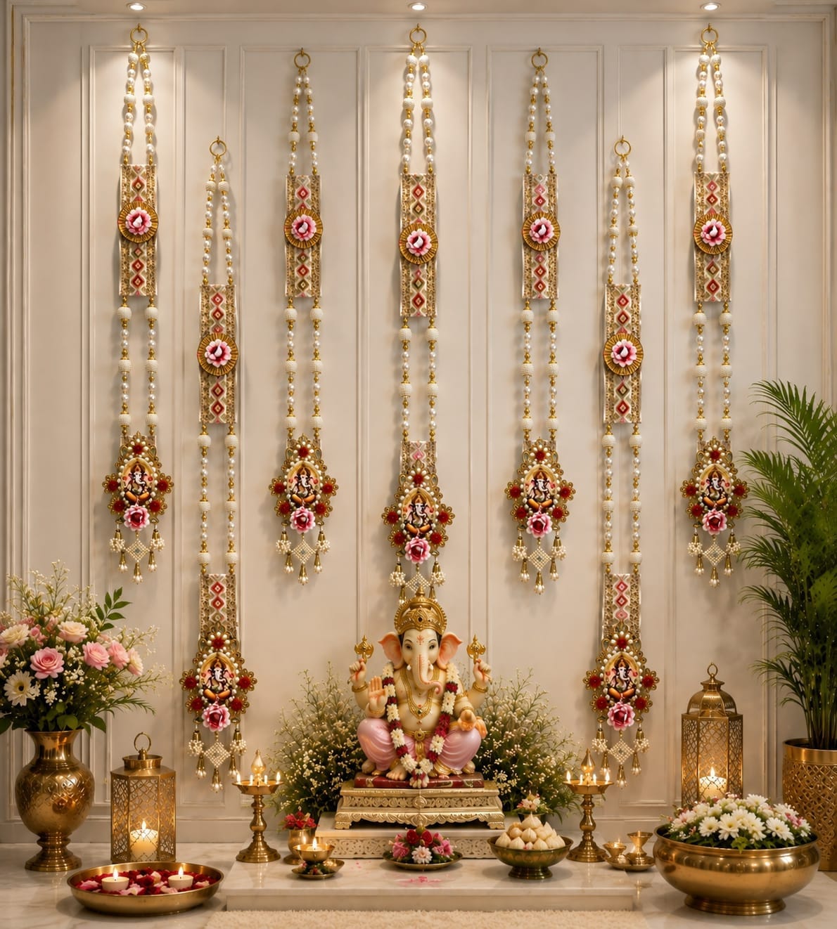 39-inch Ganpati flower beaded side wall hangings set of 2 with artificial flowers and tassels for Diwali and housewarming door decor.