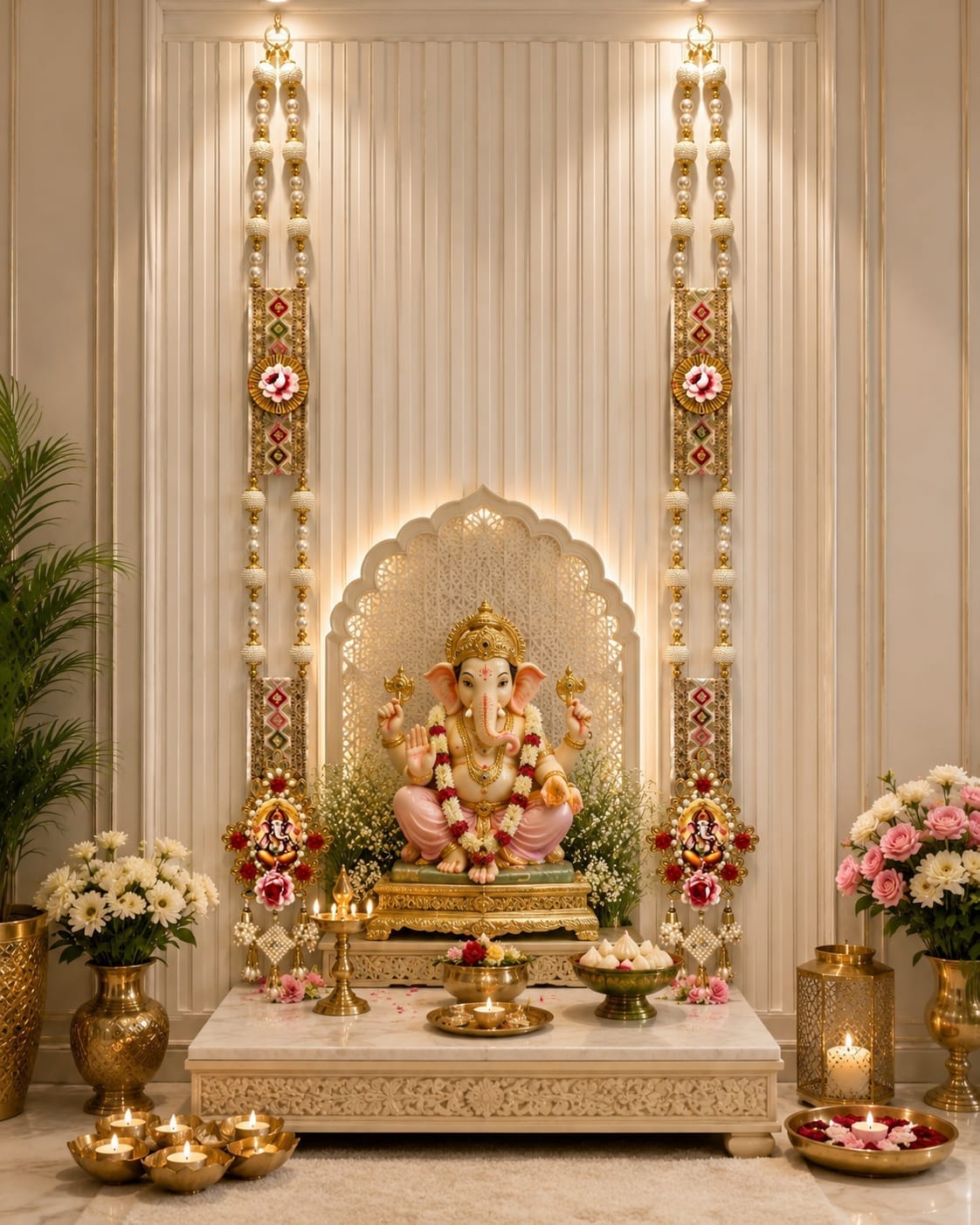 39-inch Ganpati flower beaded side wall hangings set of 2 with artificial flowers and tassels for Diwali and housewarming door decor.