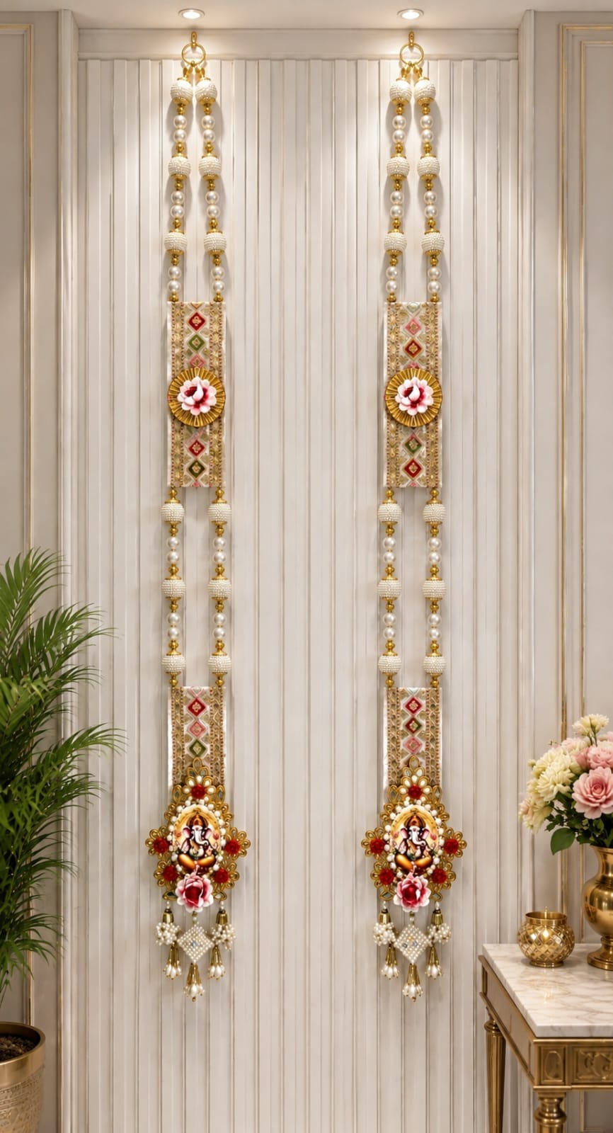 39-inch Ganpati flower beaded side wall hangings set of 2 with artificial flowers and tassels for Diwali and housewarming door decor.