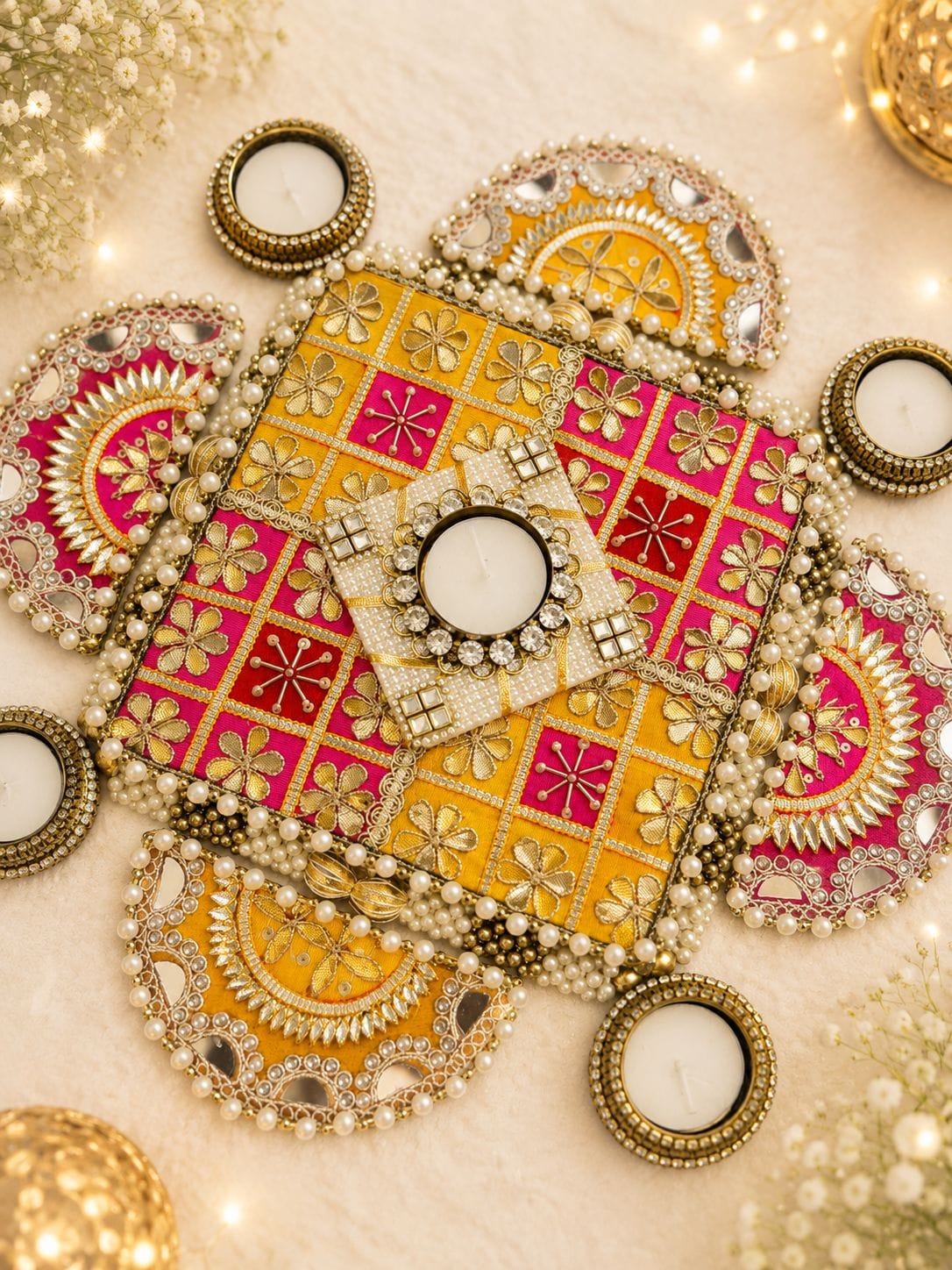 Set of 9 gota patti work rangoli mat set with MDF base and metal tea light holders including 1 center piece (7x7 inches), 4 semi-circle side pieces (5x2.5 inches), and 4 metal diyas for Diwali floor decor.