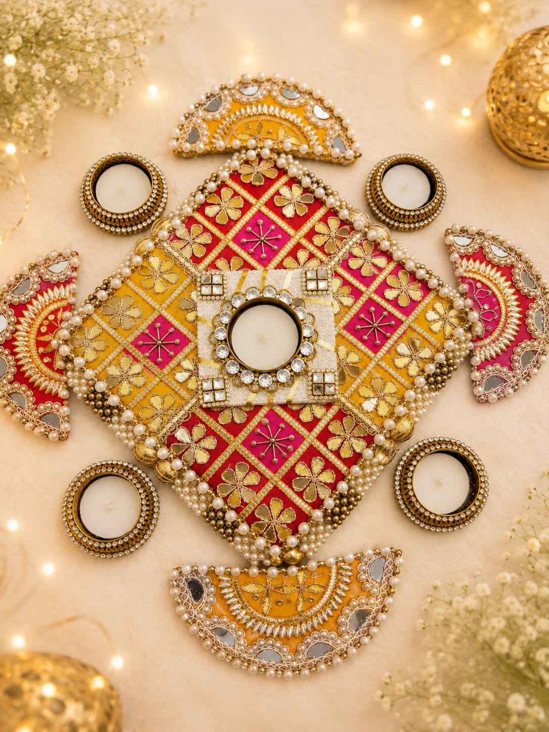 Set of 9 gota patti work rangoli mat set with MDF base and metal tea light holders including 1 center piece (7x7 inches), 4 semi-circle side pieces (5x2.5 inches), and 4 metal diyas for Diwali floor decor.