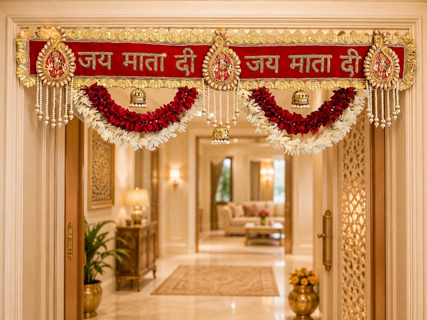 39-inch Jai Mata Di door toran set with 2 small chhatri and side wall hangings made of cloth, beads, and artificial flowers for Diwali and pooja decor.